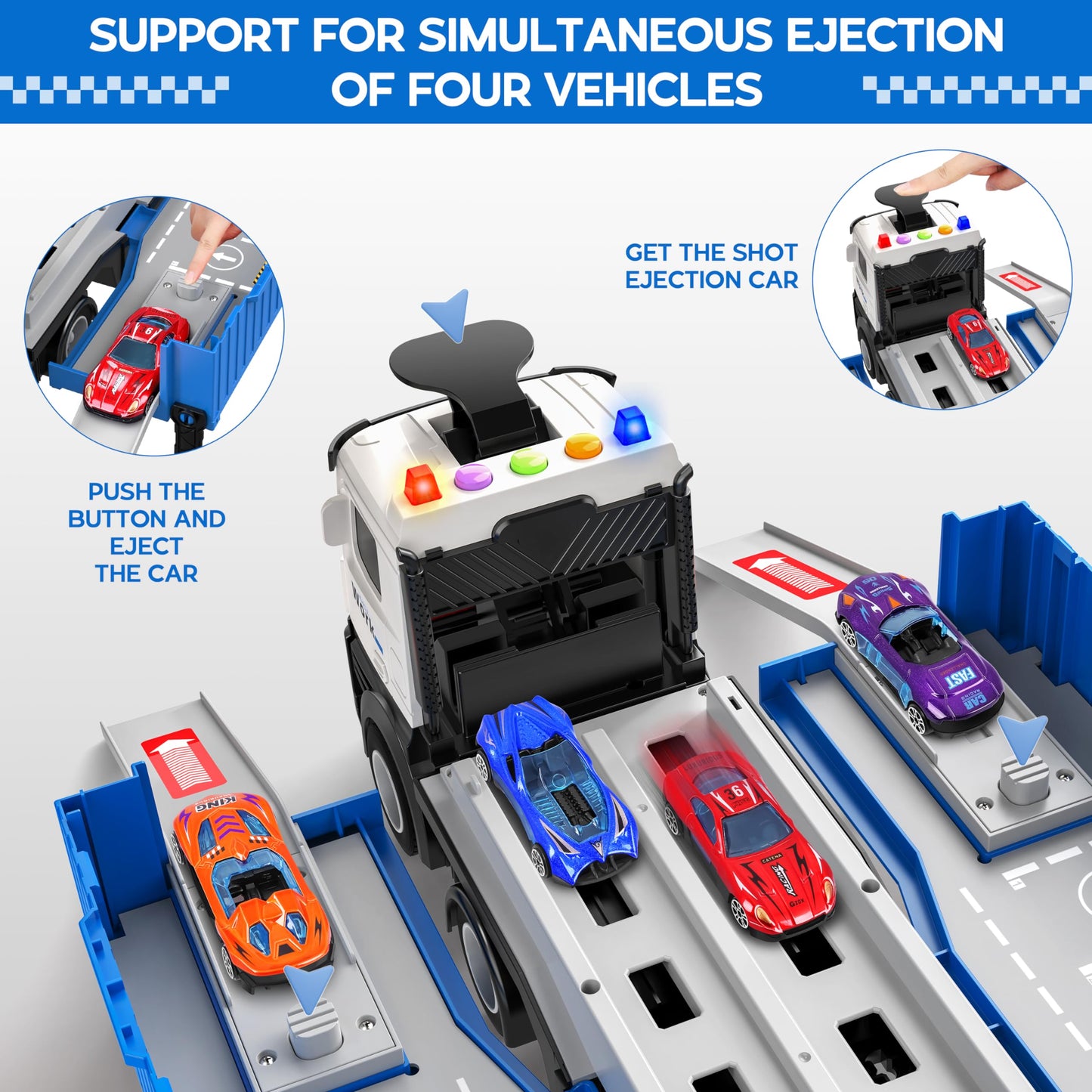 Diuerma Carrier Truck Race Track – Foldable 3-Layer Toy Carrier with 8 Race Cars