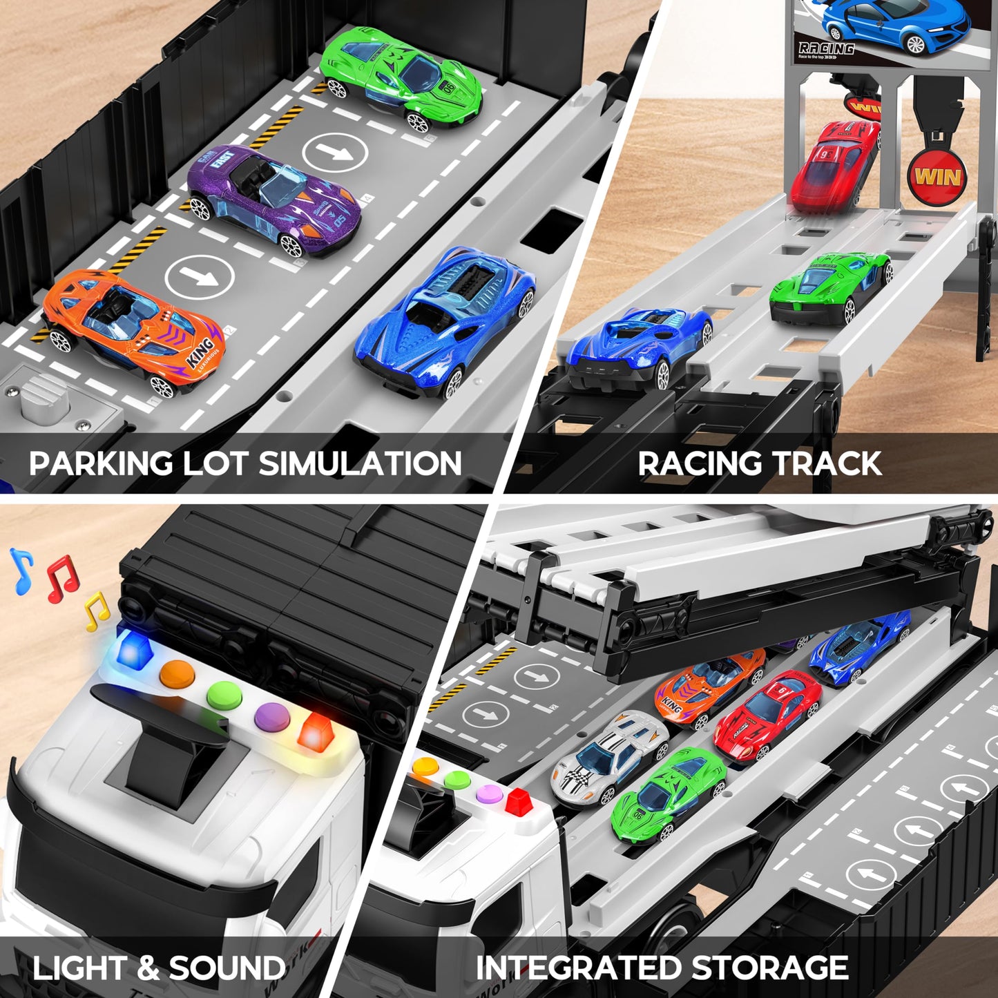 Diuerma Carrier Truck Race Track – Foldable 3-Layer Playset with 8 Die-Cast Cars