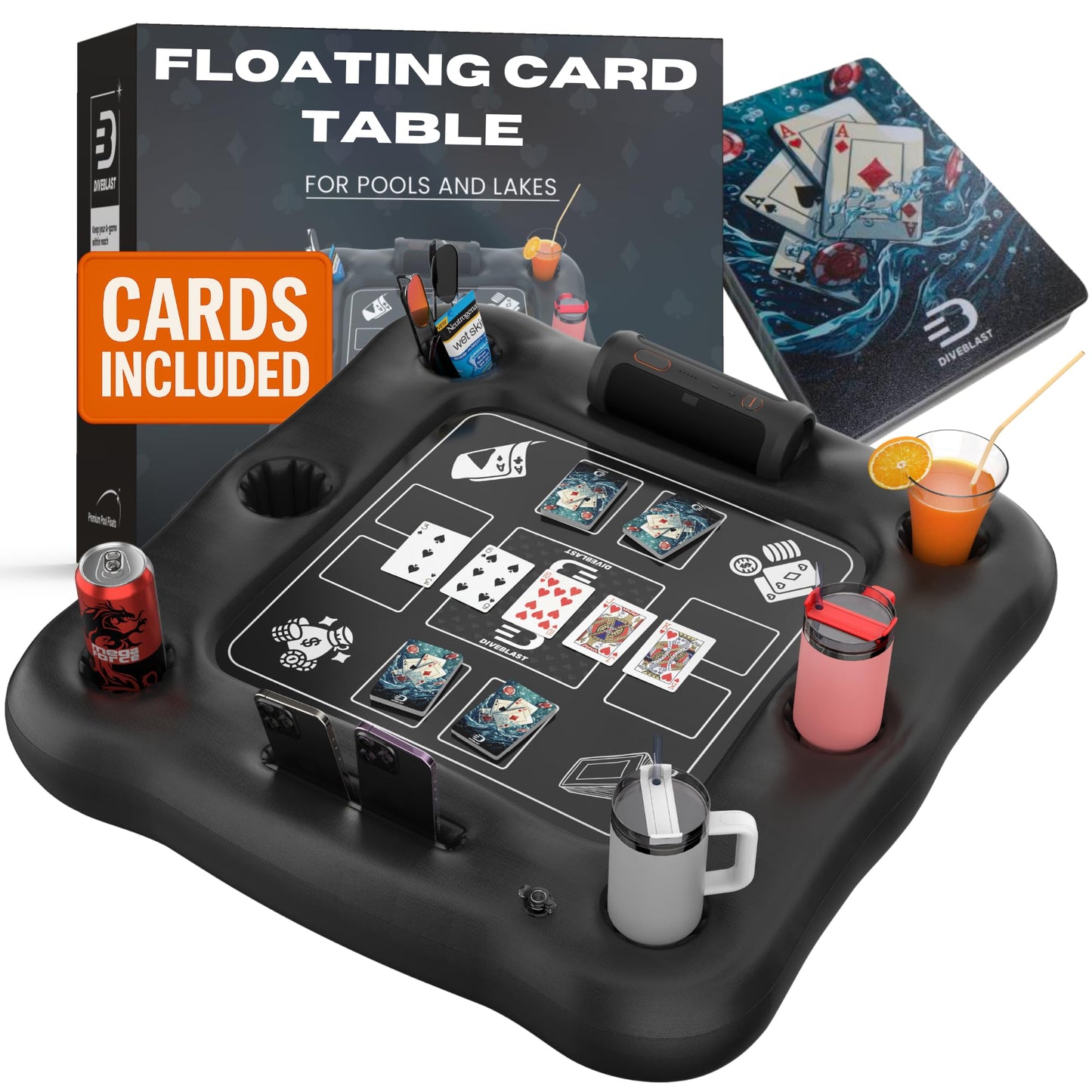 DIVEBLAST Floating Card Table for Pool — Waterproof Cards, 50 LBS Capacity