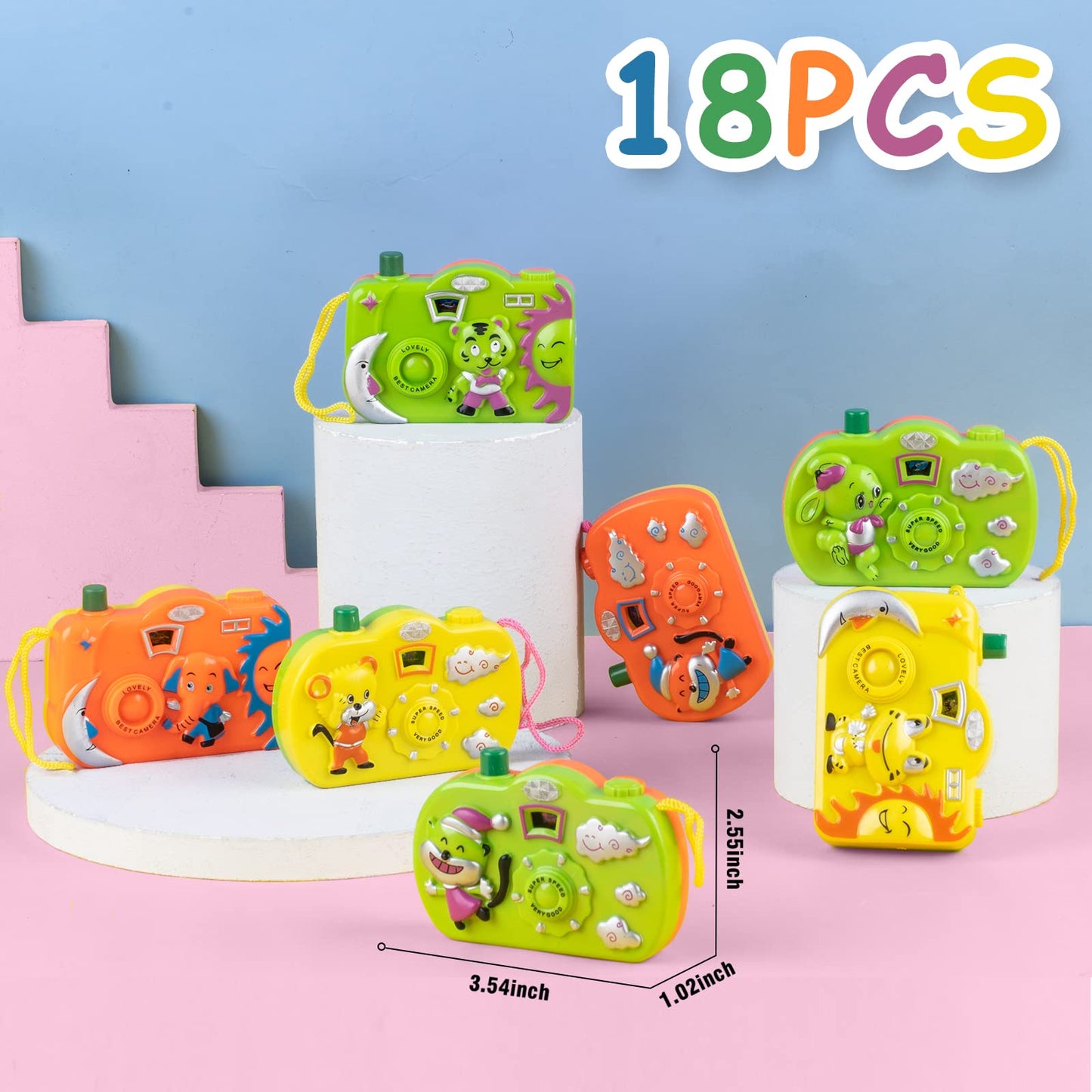 Divwa 18Pcs Kids Toy Camera Set – 3 Colors, 6 Animal Patterns for Pretend Play & Party Favors