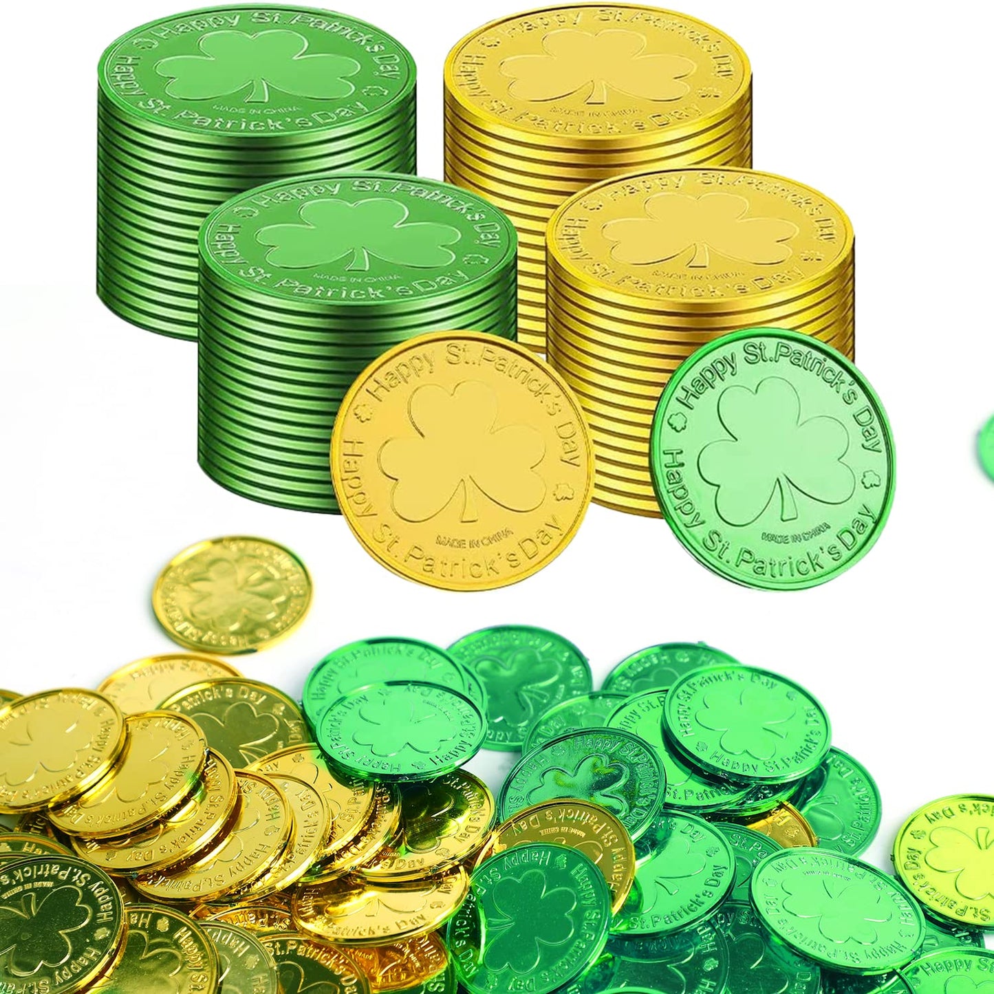 DIYASY St. Patrick's Shamrock Good Luck Coins – 144 Plastic 3-Leaf Clover Tokens in Green & Gold