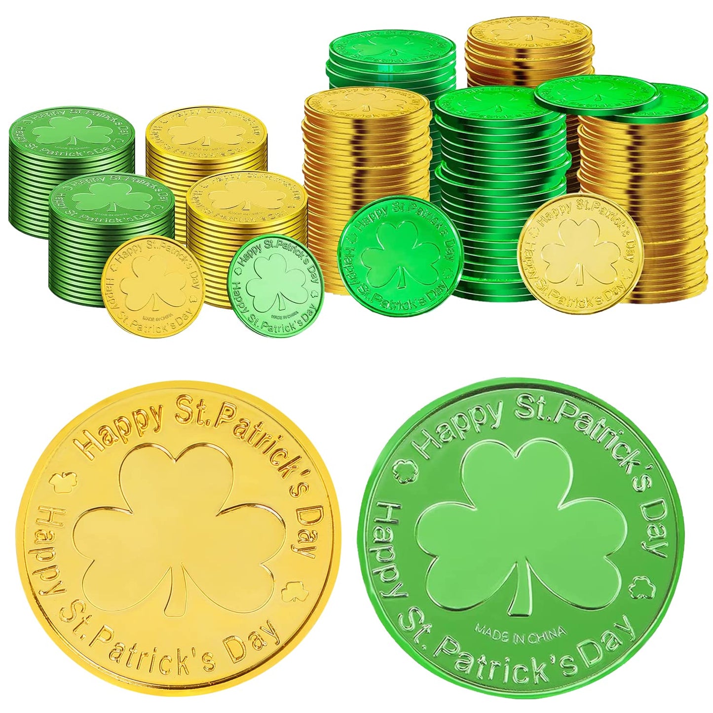 DIYASY St. Patrick's Shamrock Good Luck Coins – 144 Plastic 3-Leaf Clover Tokens in Green & Gold
