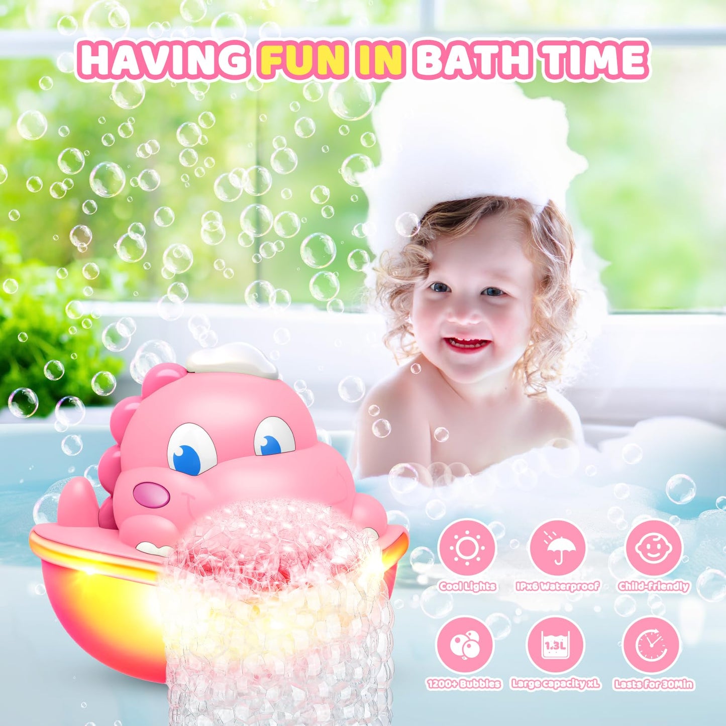 Diyfrety Bath Bubble Machine - Light-Up Dinosaur Toy for Kids 1-8