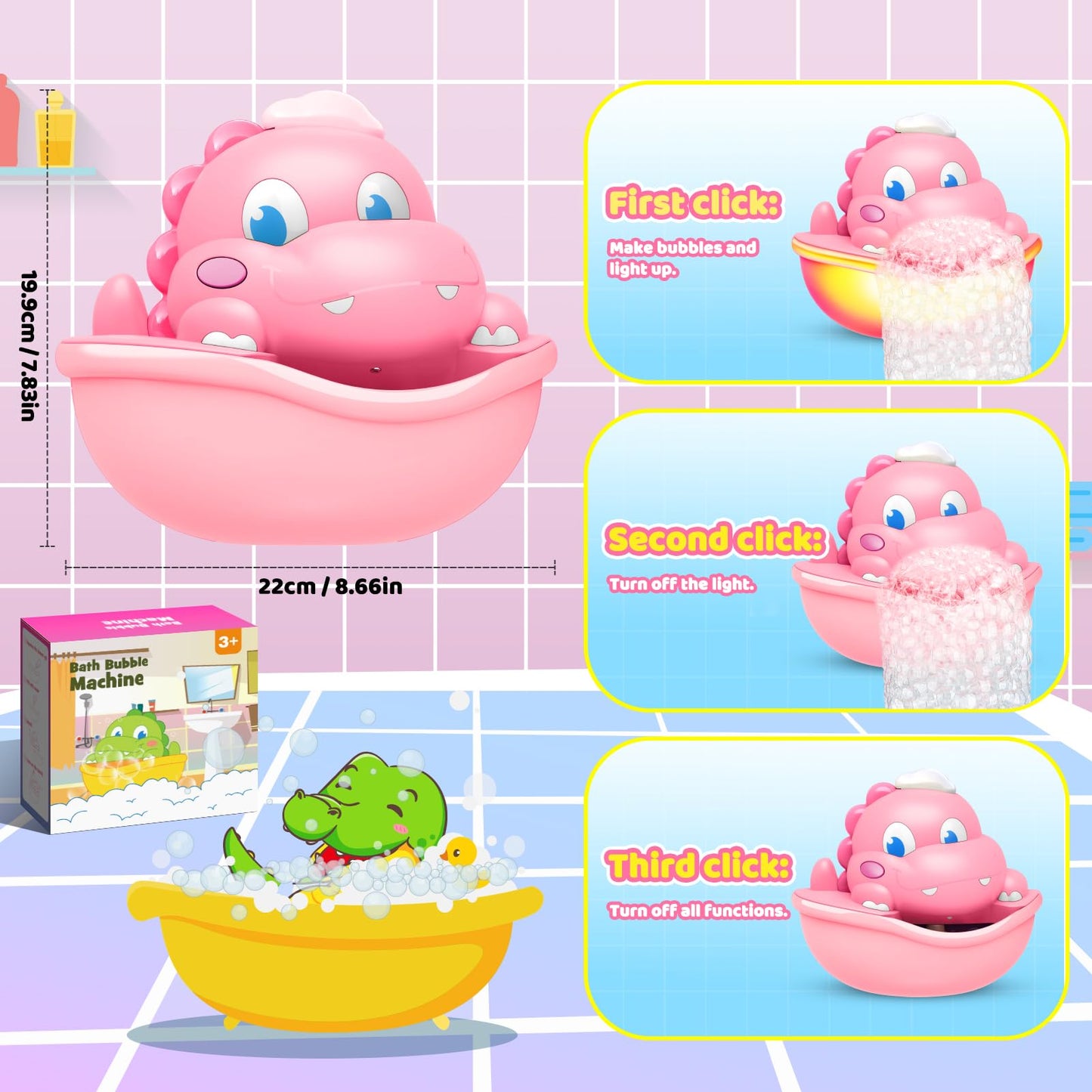 Diyfrety Bath Bubble Machine - Light-Up Dinosaur Toy for Kids 1-8