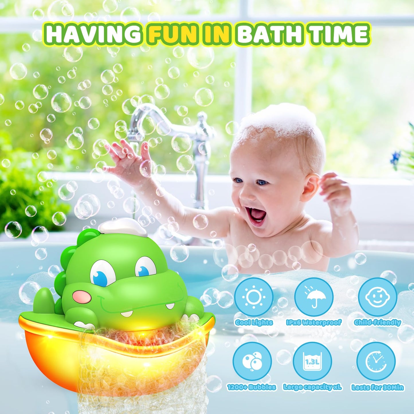 Diyfrety Bath Bubble Maker – Light-Up Dinosaur Bath Toy for Kids 1–8