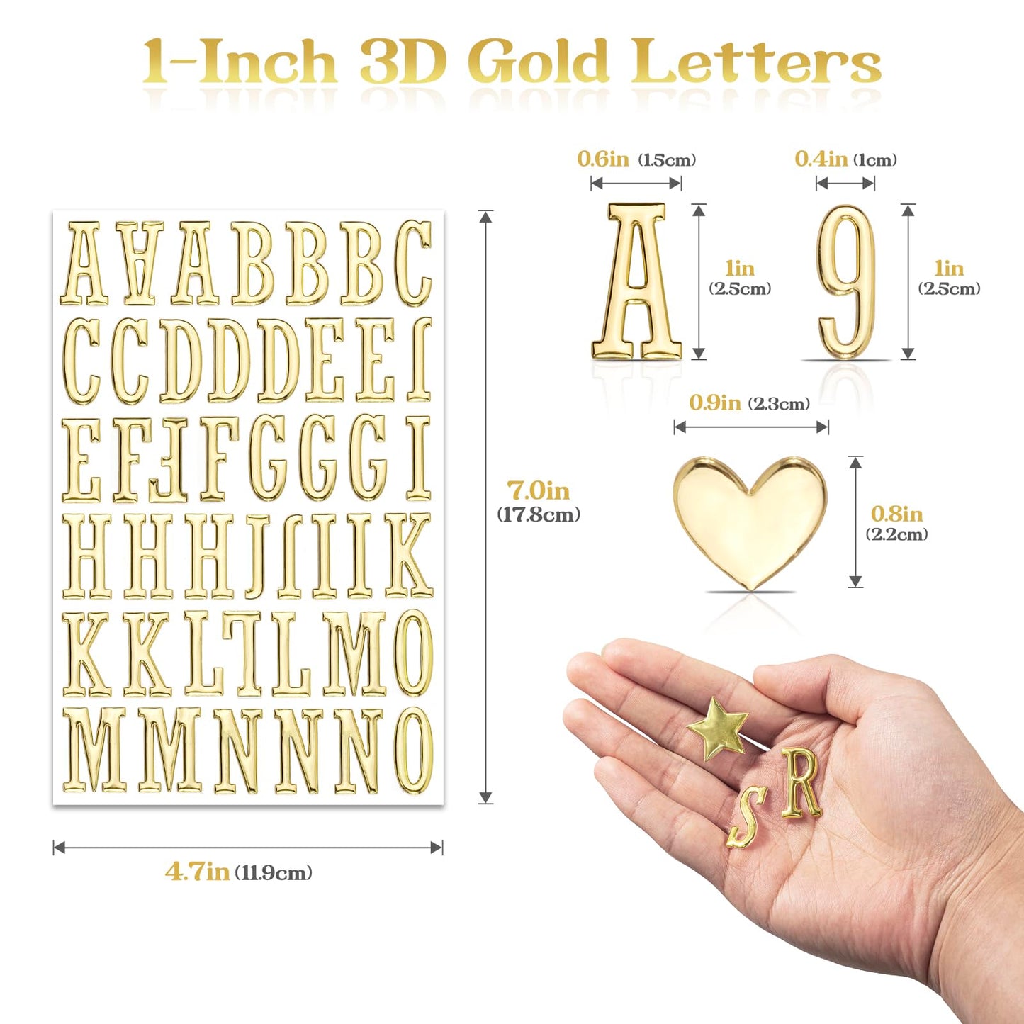 Dizdkizd 3D Gold Letter Stickers – 1-Inch Foam Alphabet & Numbers Decals, Self-Adhesive, Waterproof Puffy ABC Letters for Crafts (3 Sheets)