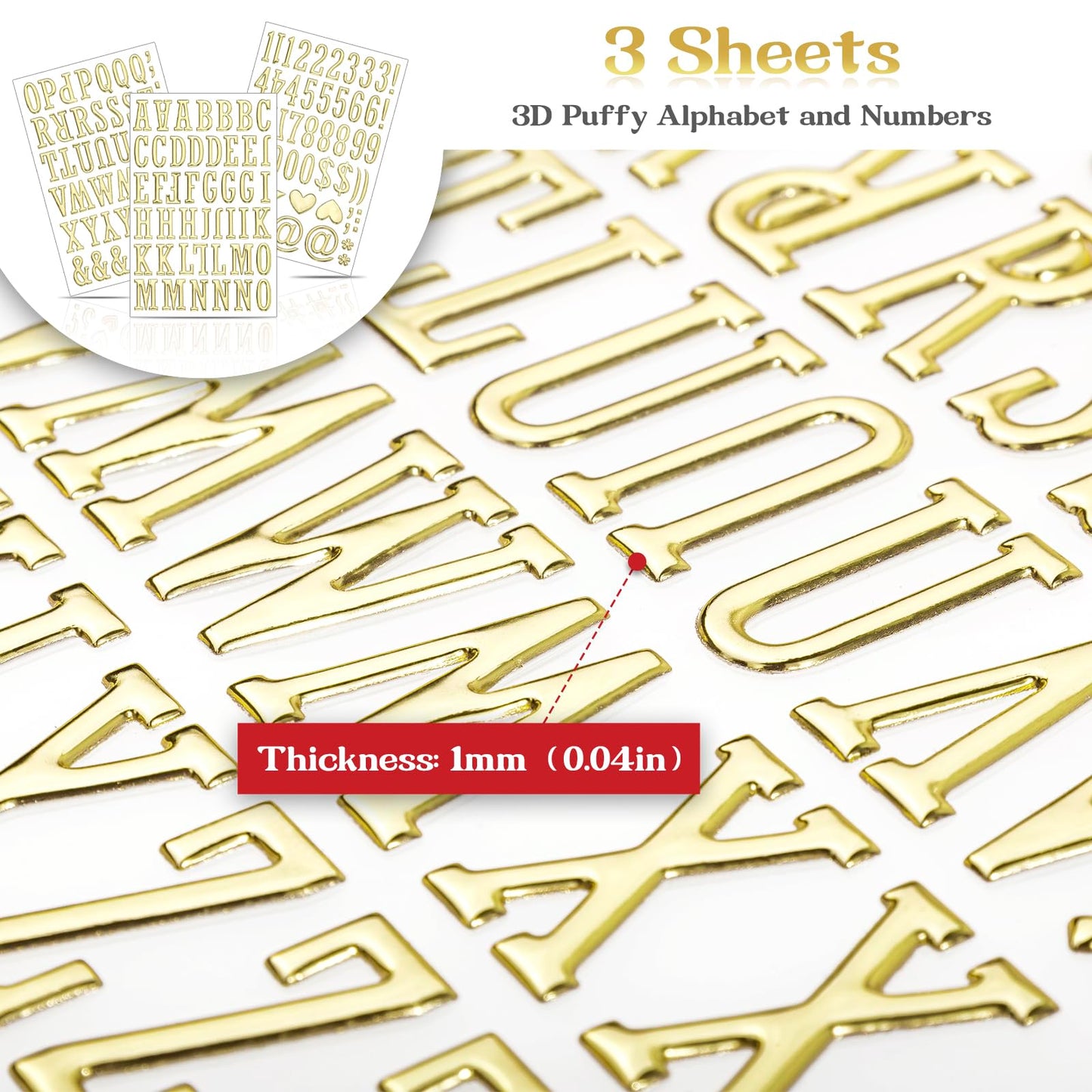 Dizdkizd 3D Gold Letter Stickers – 1-Inch Foam Alphabet & Numbers Decals, Self-Adhesive, Waterproof Puffy ABC Letters for Crafts (3 Sheets)