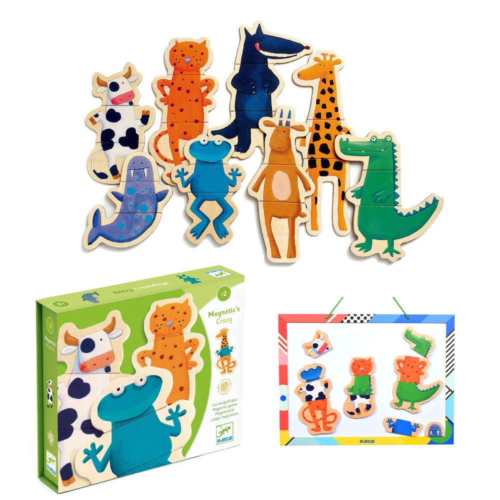 DJECO Crazy Animal Mix & Match Wooden Magnets – Creative Toddler Toy for 2+ Years