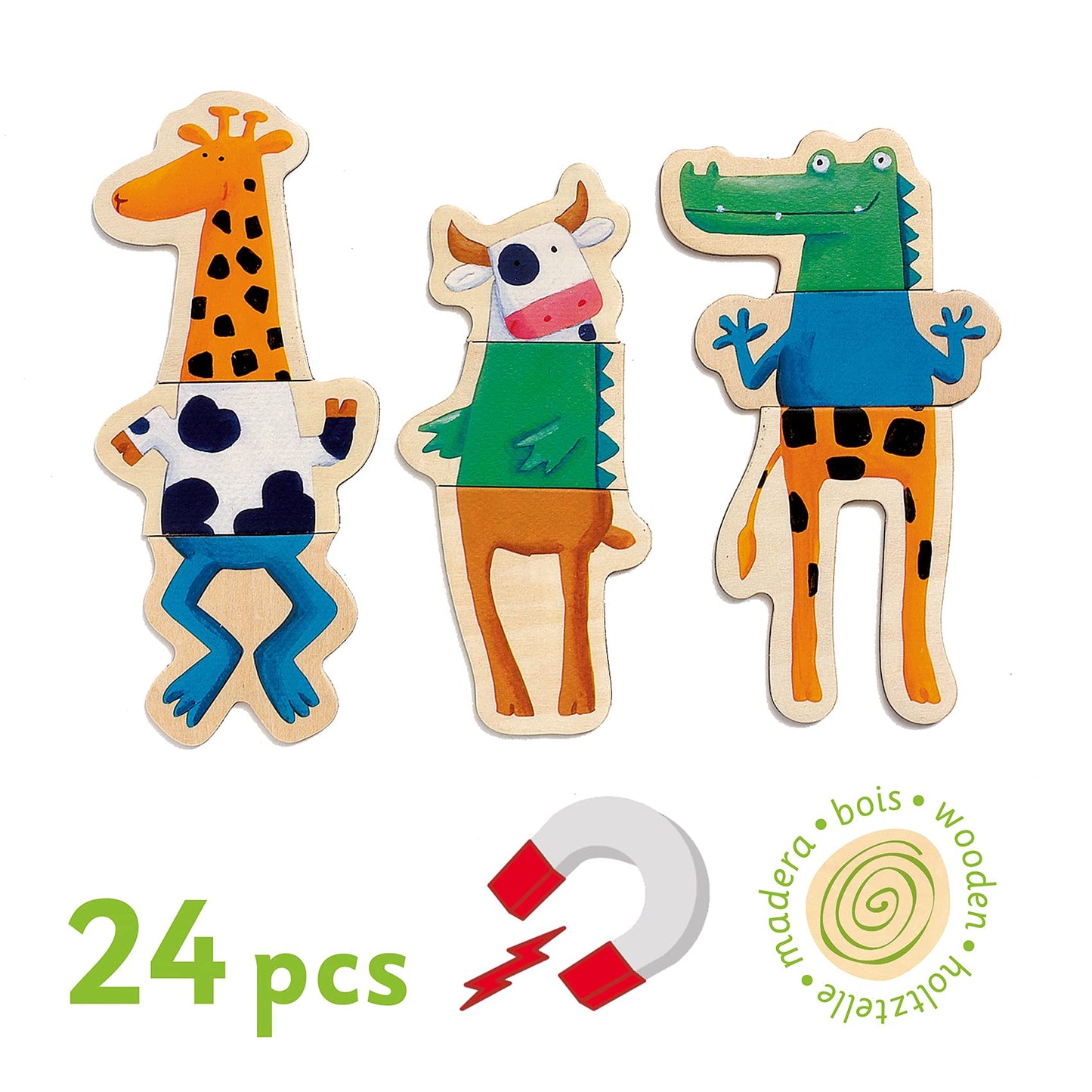 DJECO Crazy Animal Mix & Match Wooden Magnets – Creative Toddler Toy for 2+ Years