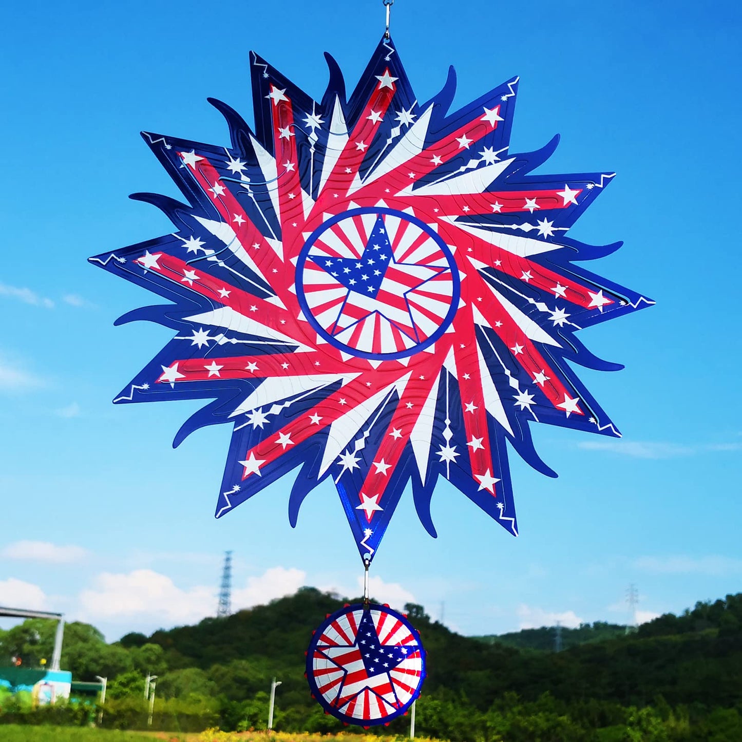 DJUAN 12in American Flag Wind Spinner – Patriotic Outdoor Yard & Garden Decor