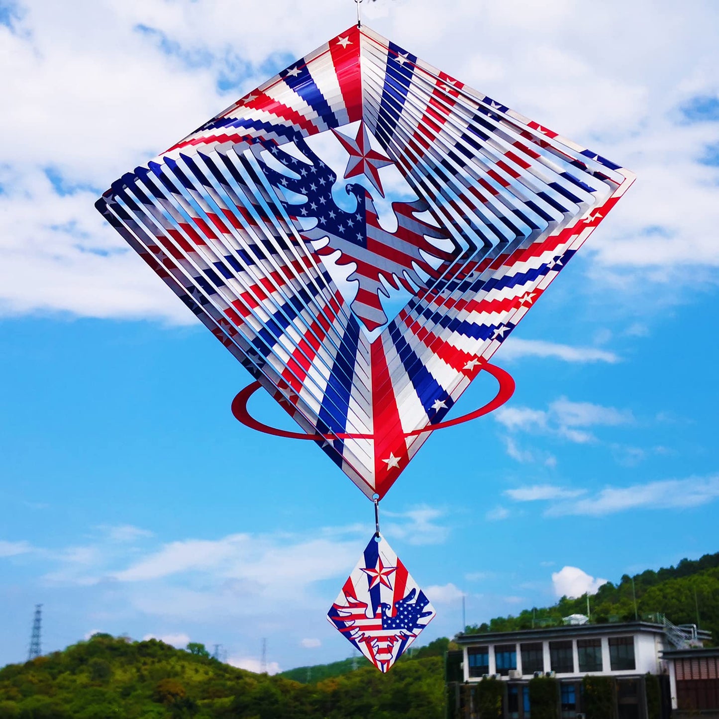 DJUAN 13.5in Stainless Steel Eagle Flag Wind Spinner – Patriotic Outdoor Decor for Independence Day