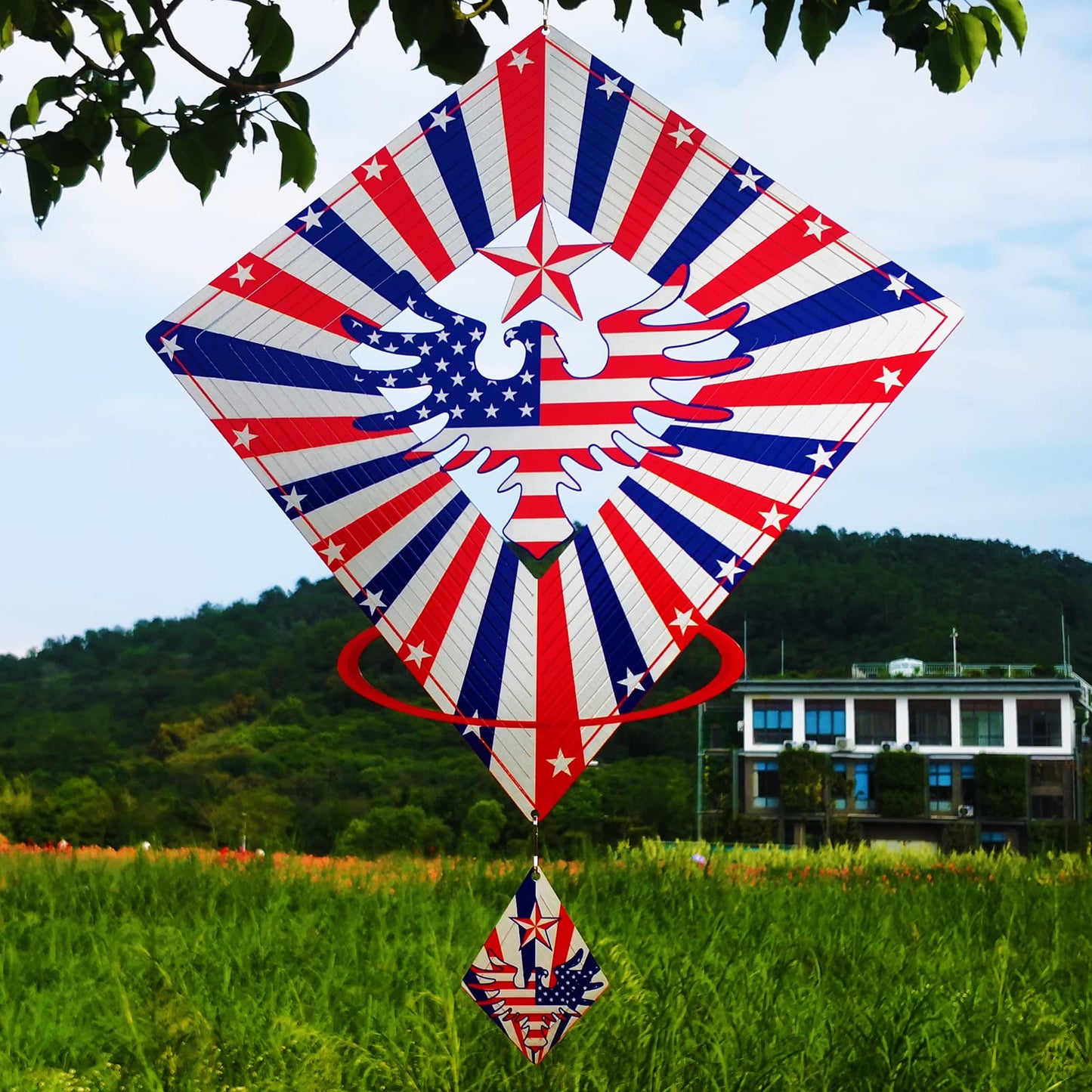 DJUAN 13.5in Stainless Steel Eagle Flag Wind Spinner – Patriotic Outdoor Decor for Independence Day
