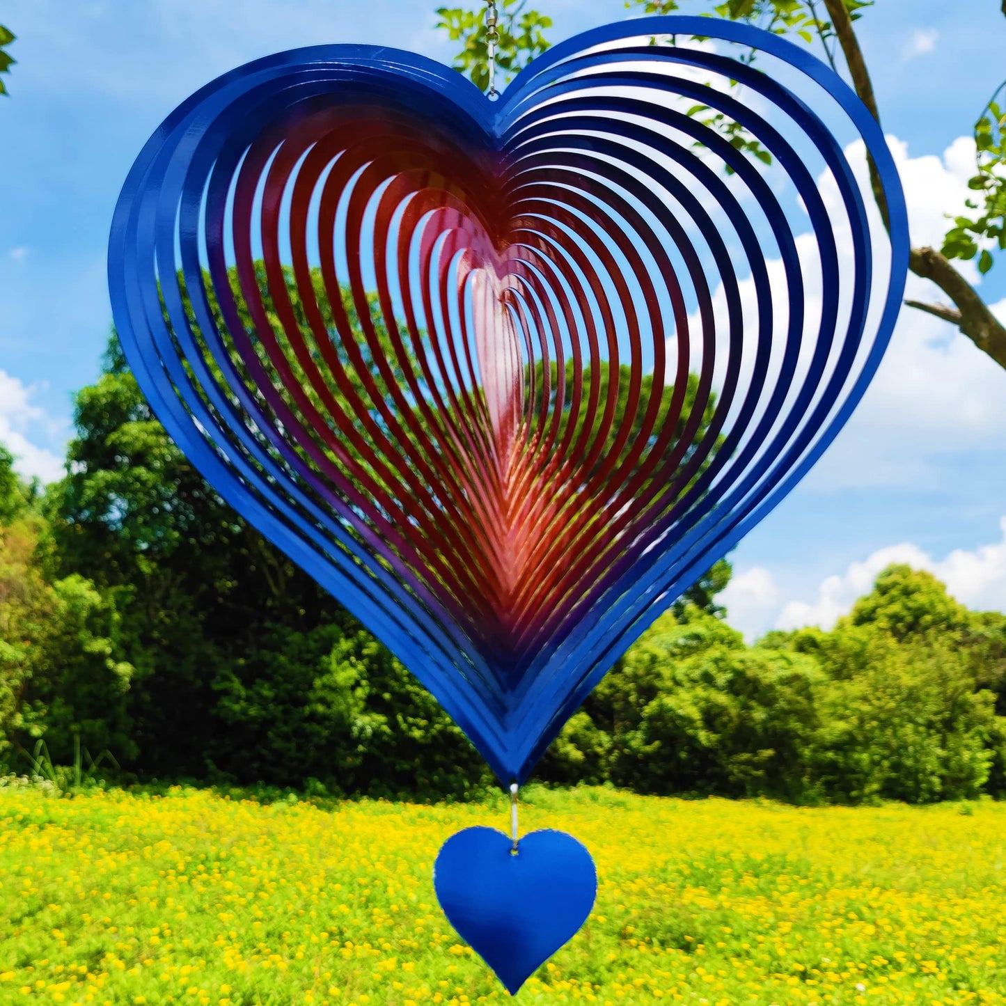 DJUAN Wind Spinners Outdoor Garden Decor 12in Blue-Orange Love Heart | Kinetic Metal Yard Art