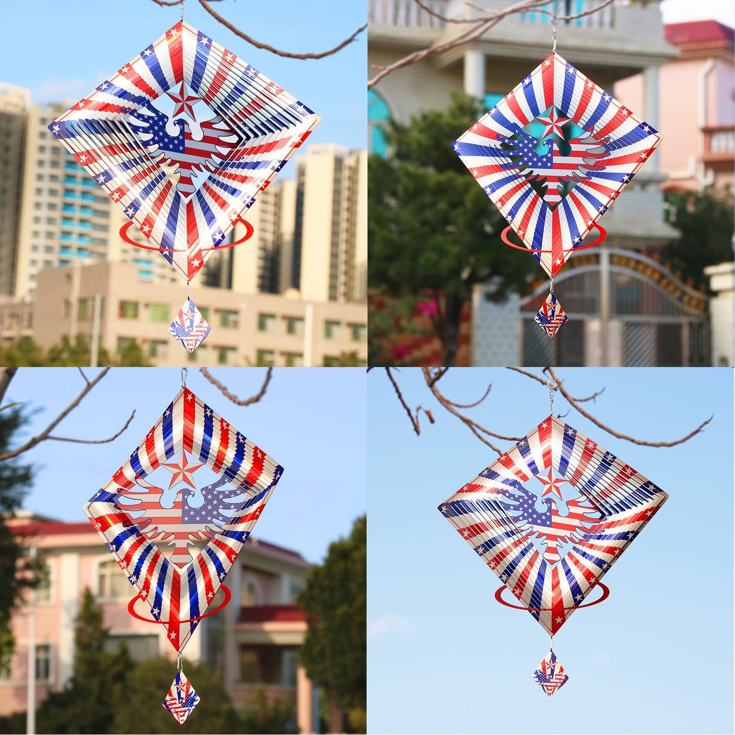DJUAN 13.5in Stainless Steel Eagle Flag Wind Spinner – Patriotic Outdoor Decor for Independence Day