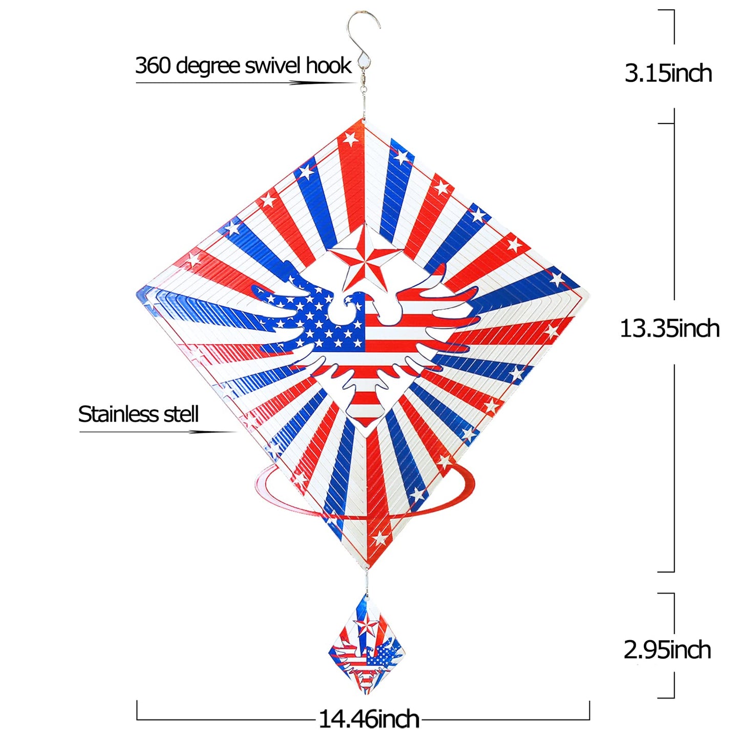 DJUAN 13.5in Stainless Steel Eagle Flag Wind Spinner – Patriotic Outdoor Decor for Independence Day