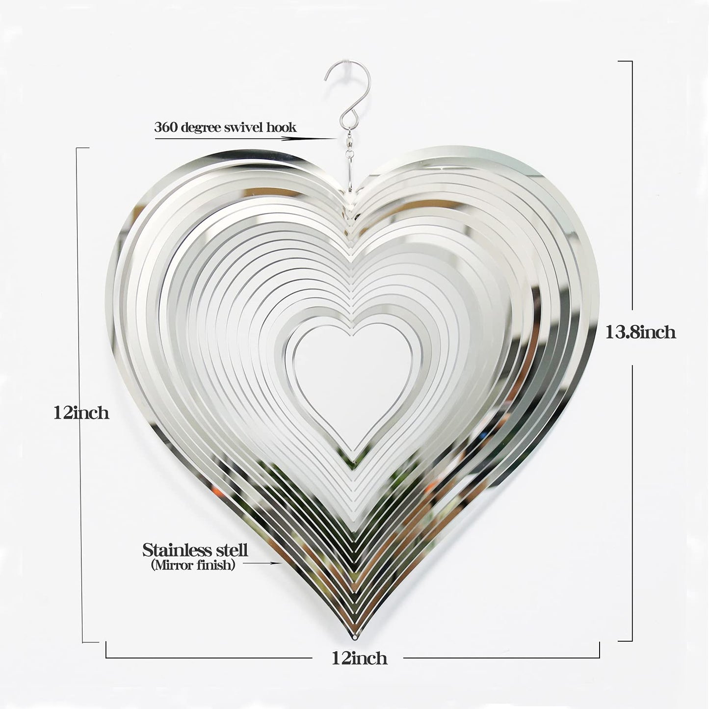 DJUAN Silver Heart Wind Spinner – Outdoor Metal Decoration for Yard & Garden