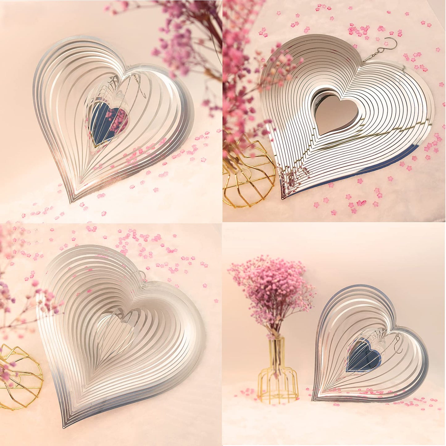 DJUAN Silver Heart Wind Spinner – Outdoor Metal Decoration for Yard & Garden
