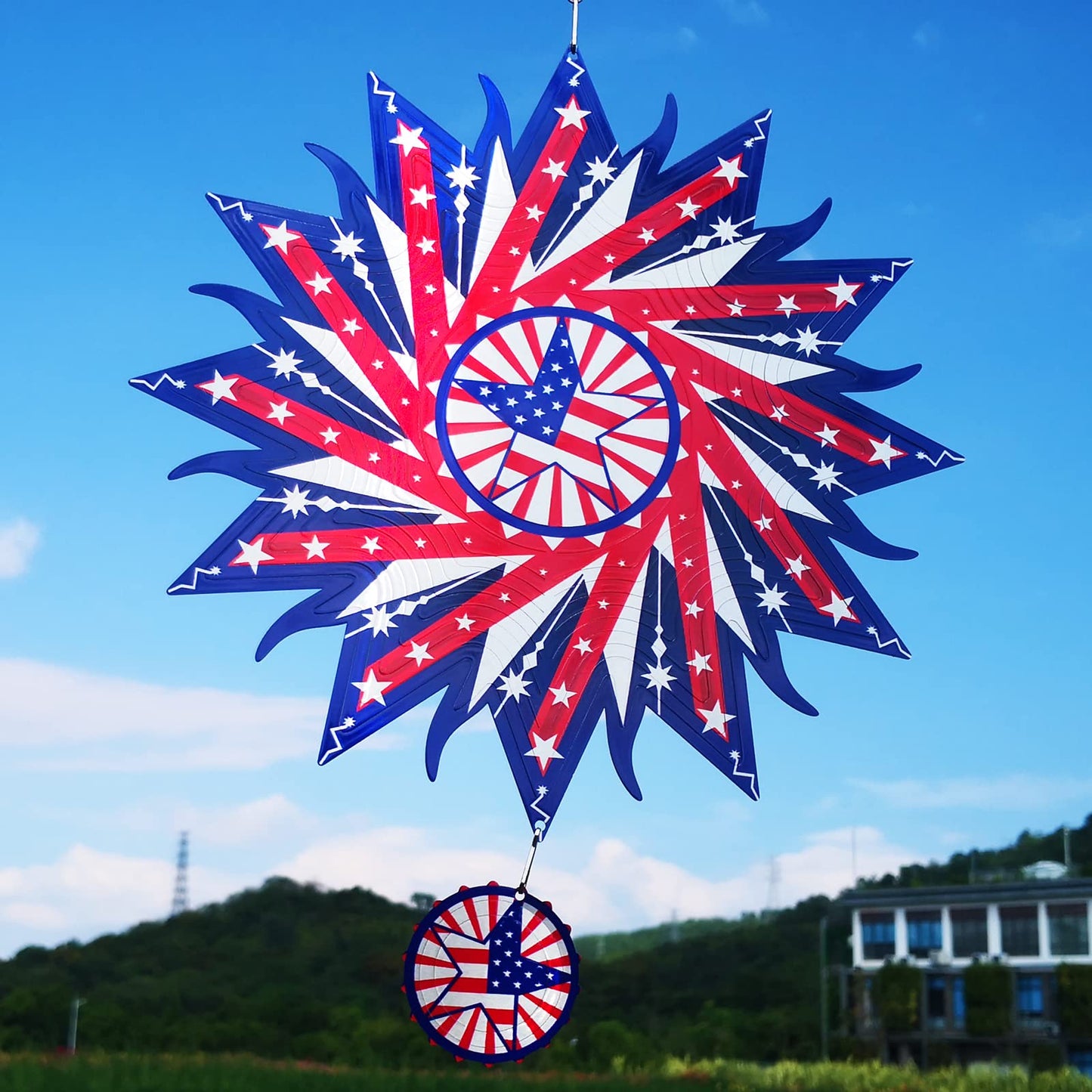 DJUAN 12in American Flag Wind Spinner – Patriotic Outdoor Yard & Garden Decor