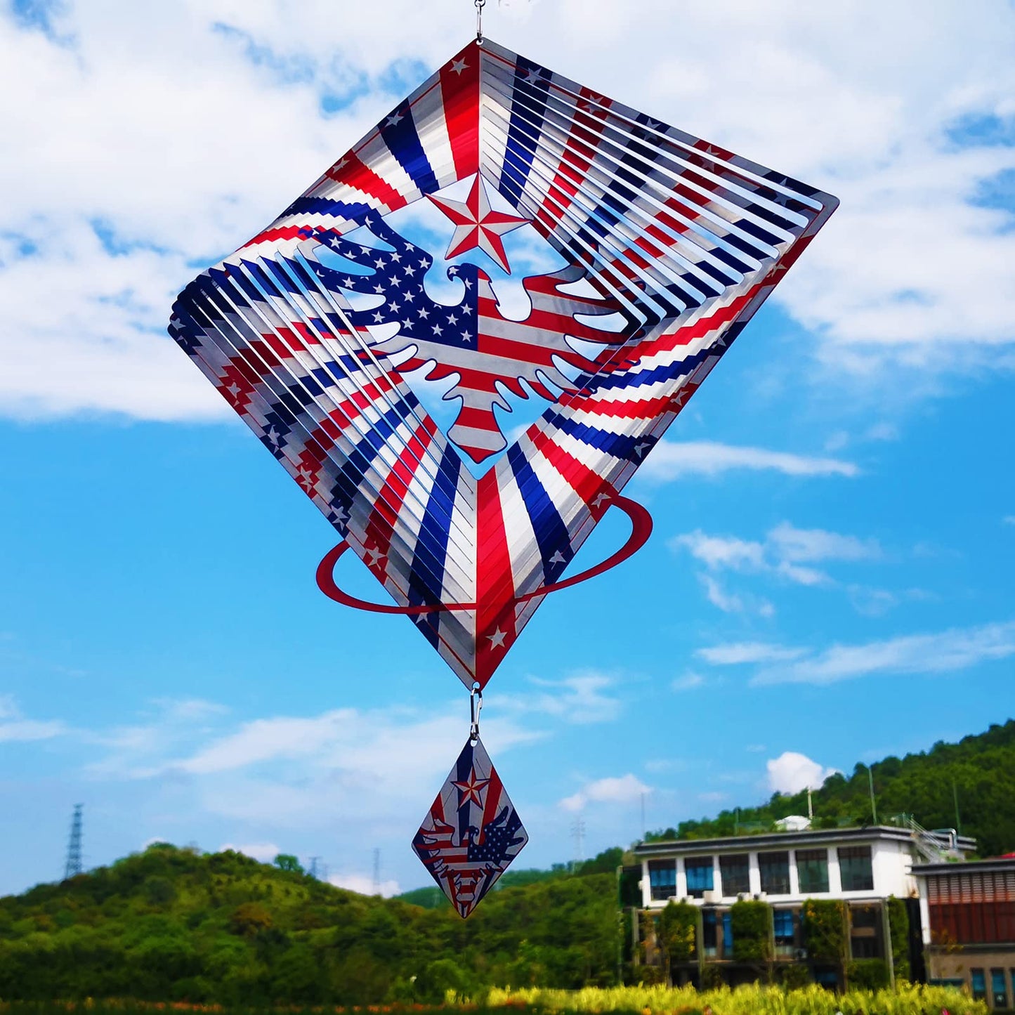DJUAN 13.5in Stainless Steel Eagle Flag Wind Spinner – Patriotic Outdoor Decor for Independence Day