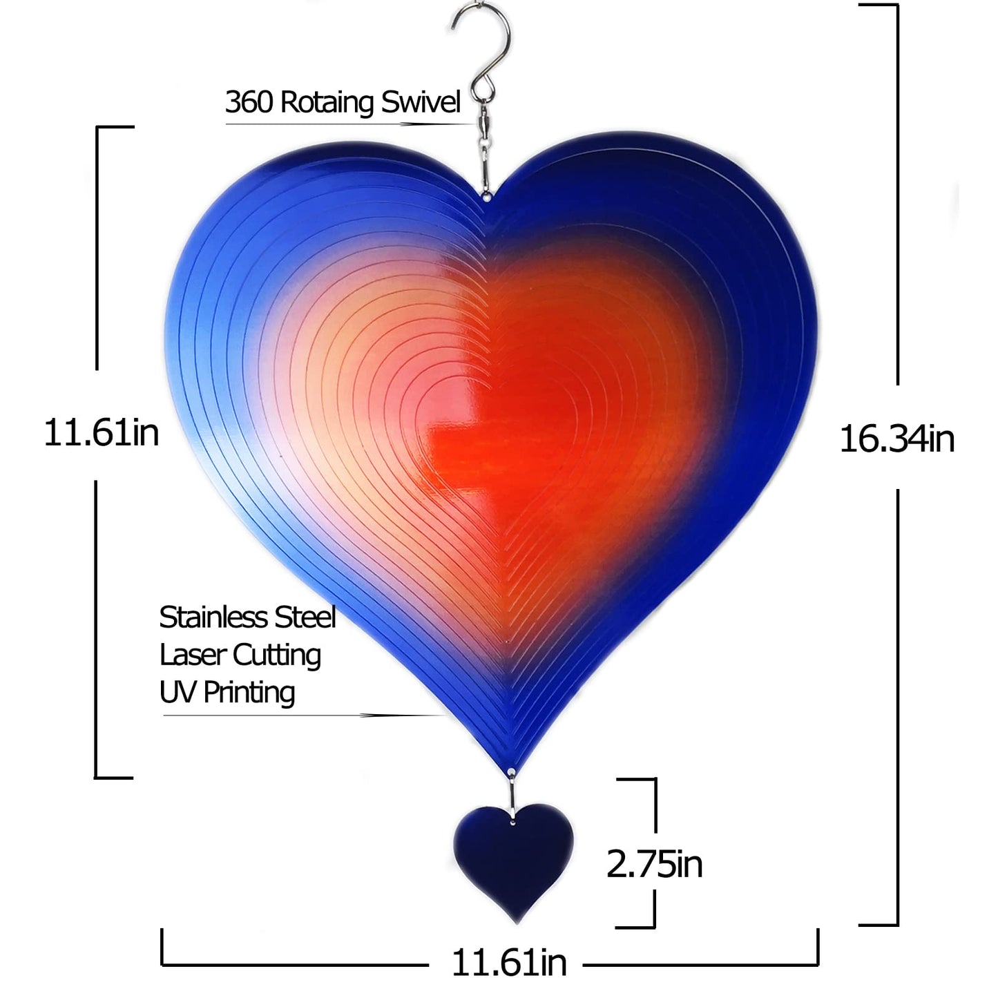 DJUAN Wind Spinners Outdoor Garden Decor 12in Blue-Orange Love Heart | Kinetic Metal Yard Art