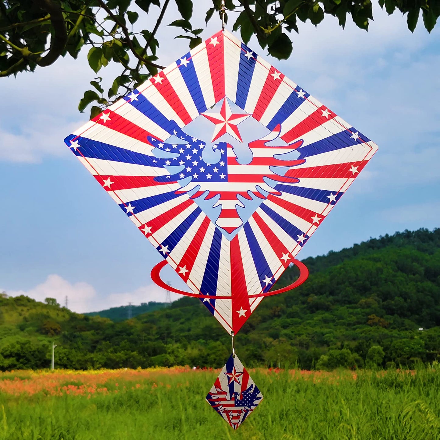 DJUAN 13.5in Stainless Steel Eagle Flag Wind Spinner – Patriotic Outdoor Decor for Independence Day