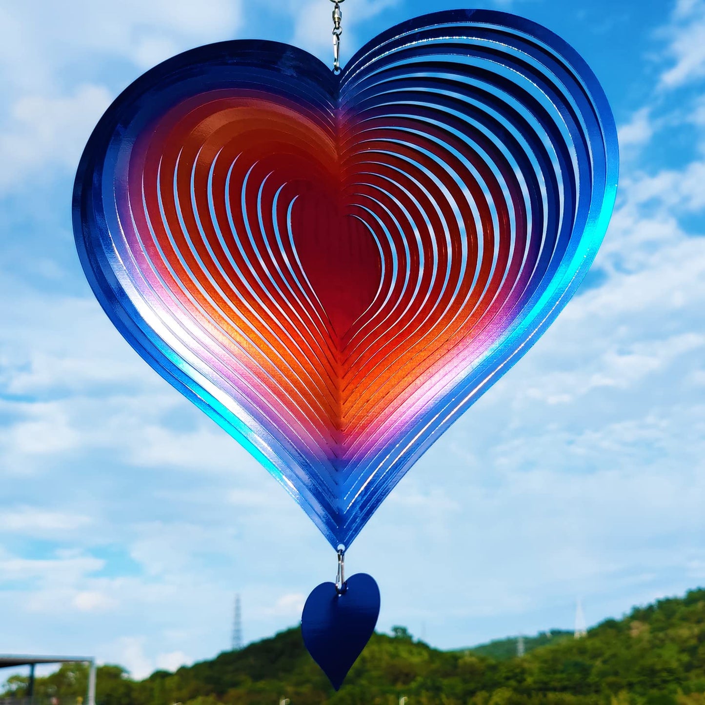 DJUAN Wind Spinners Outdoor Garden Decor 12in Blue-Orange Love Heart | Kinetic Metal Yard Art