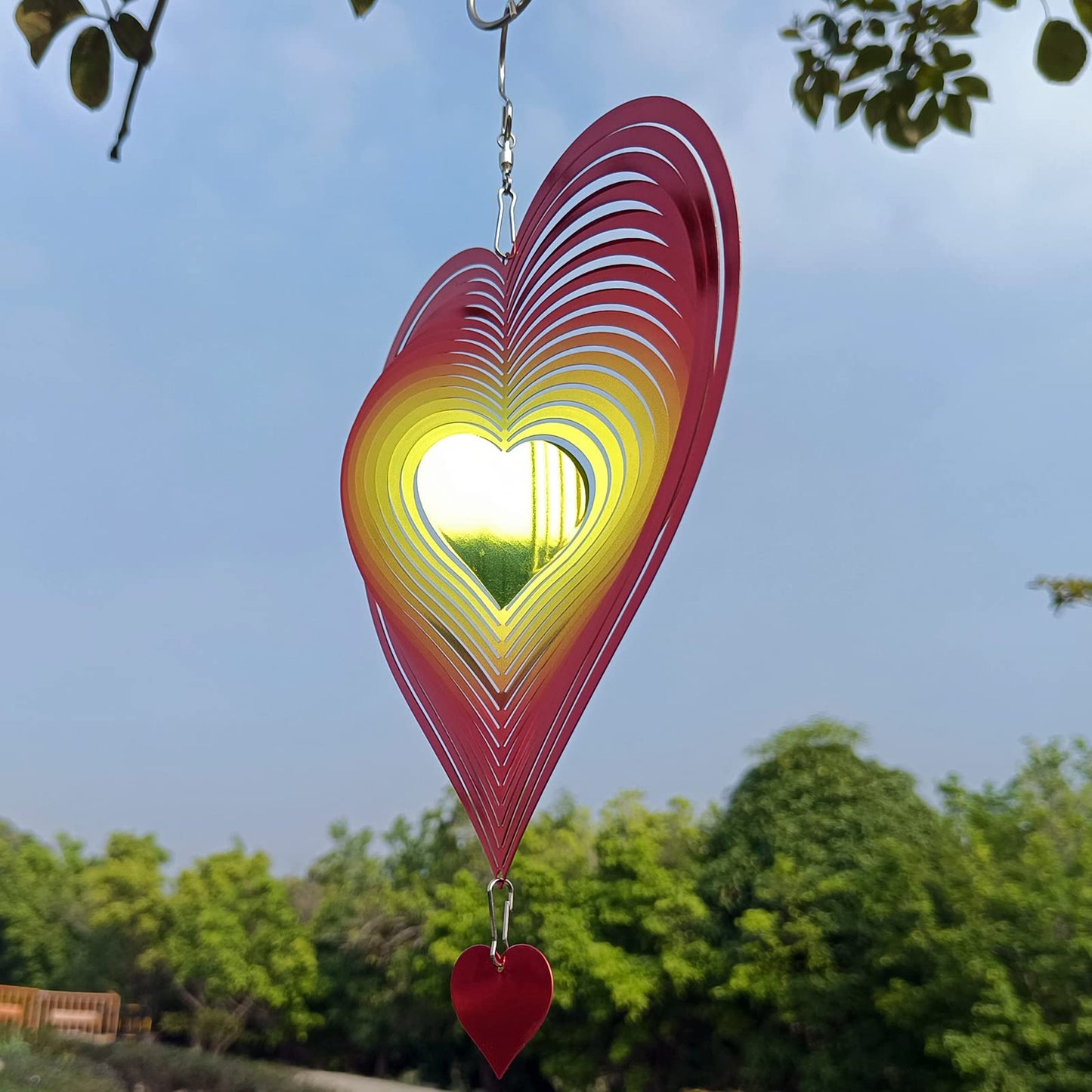DJUAN Wind Spinner Red-Yellow Gradient Heart – 3D Stainless Steel Outdoor Garden Art