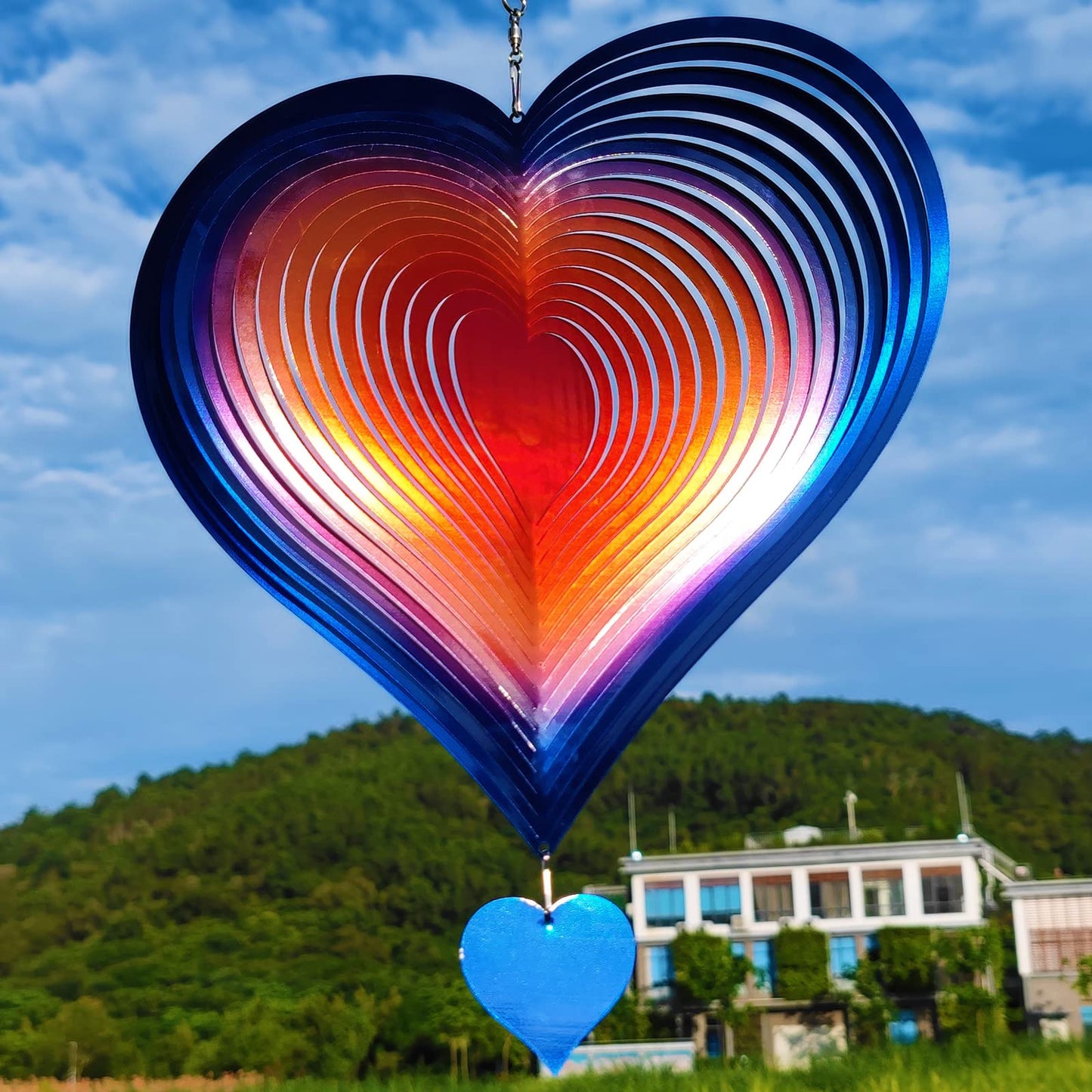DJUAN Wind Spinners Outdoor Garden Decor 12in Blue-Orange Love Heart | Kinetic Metal Yard Art