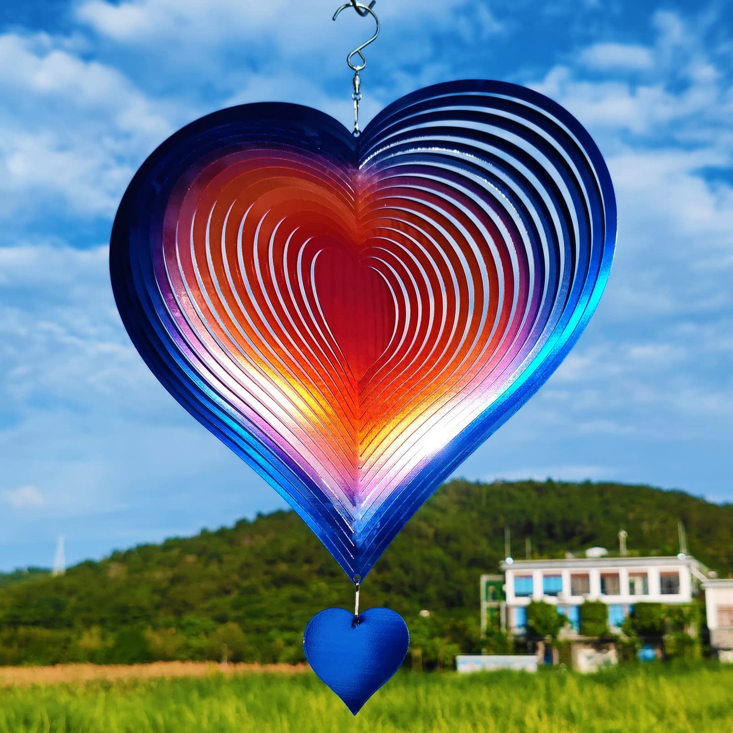 DJUAN Wind Spinners Outdoor Garden Decor 12in Blue-Orange Love Heart | Kinetic Metal Yard Art