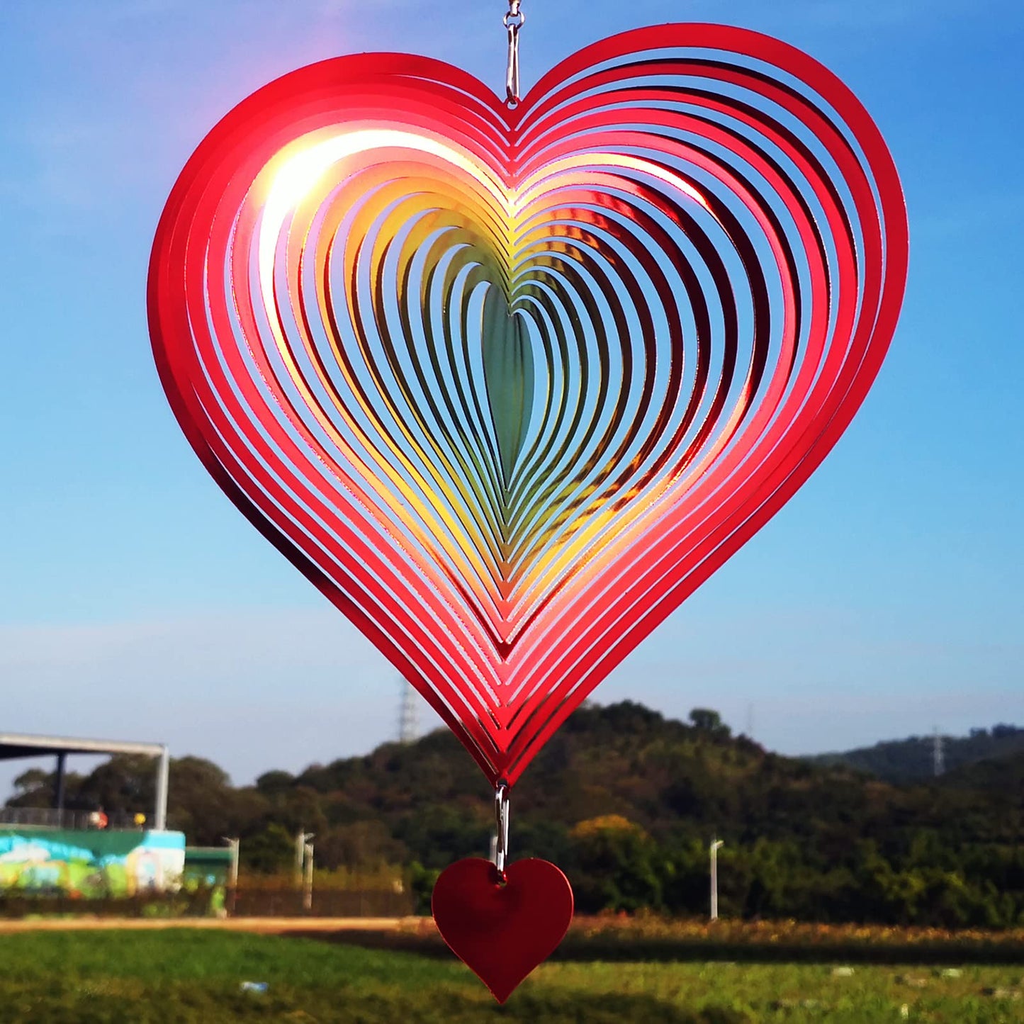 DJUAN Wind Spinner Red-Yellow Gradient Heart – 3D Stainless Steel Outdoor Garden Art