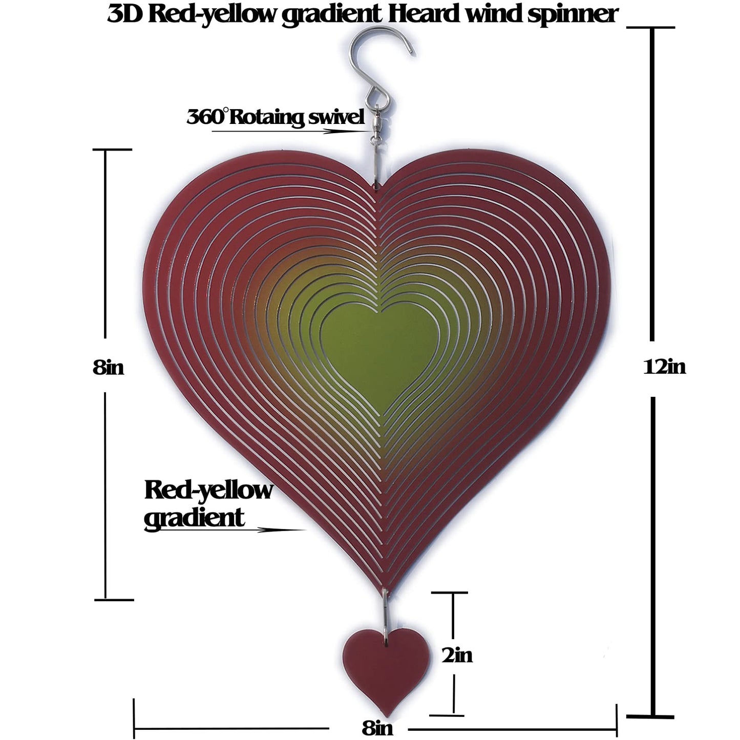 DJUAN Wind Spinner Red-Yellow Gradient Heart – 3D Stainless Steel Outdoor Garden Art