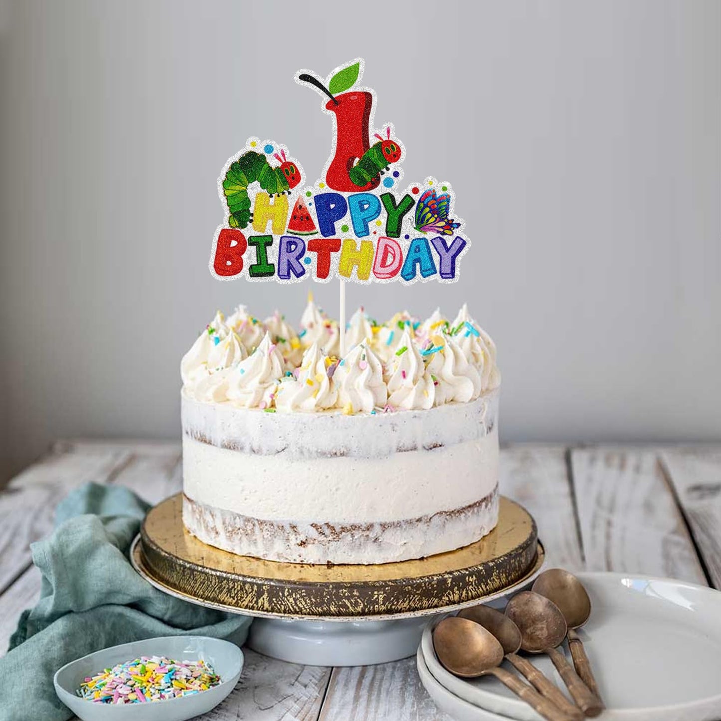 DKCTQU Hungry Caterpillar 1st Birthday Cake Topper – Reading Story Theme Decor