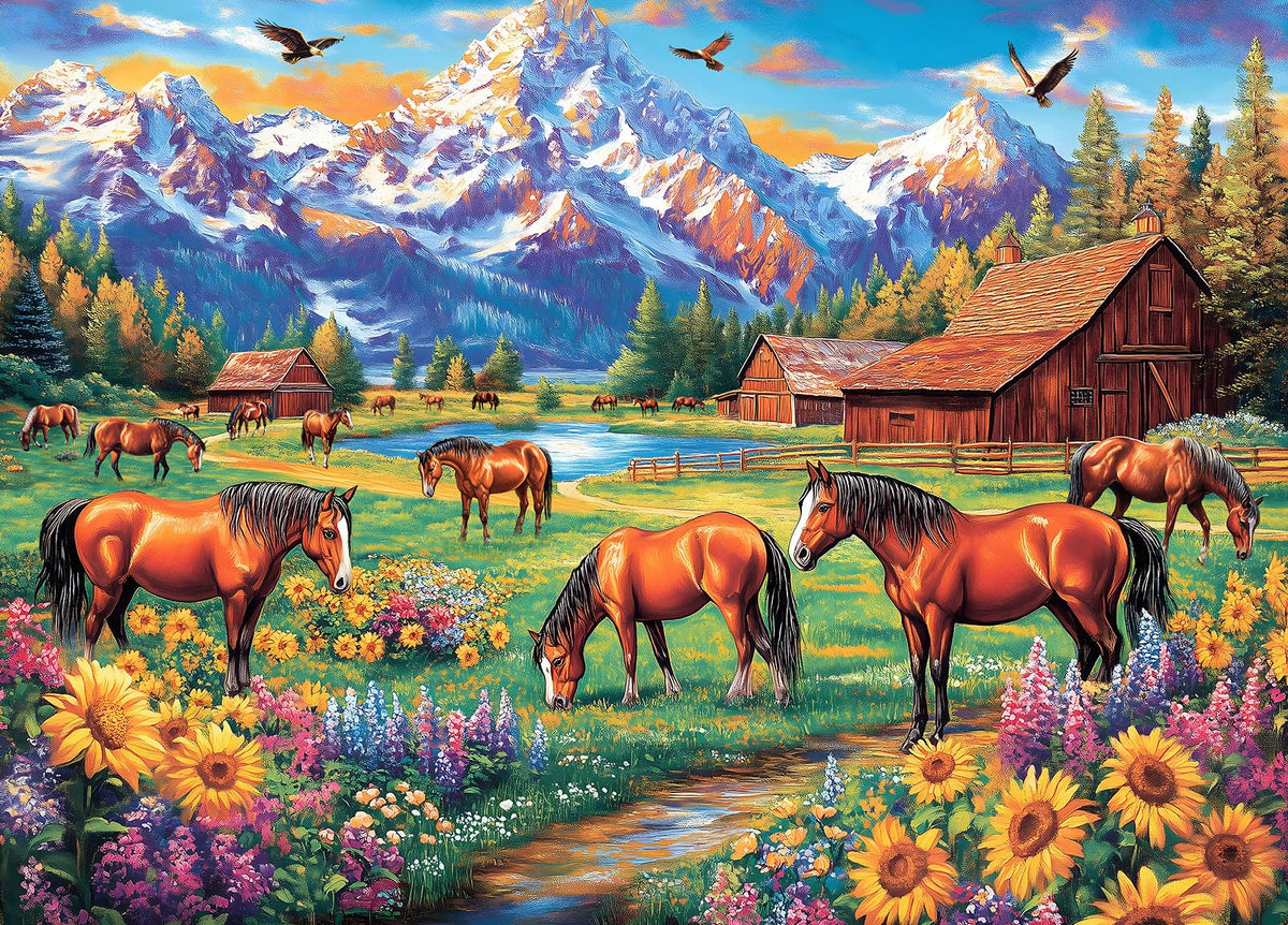 DKijoys Horse Ranch 1000-Piece Jigsaw Puzzle for Adults – Meadow with Horses
