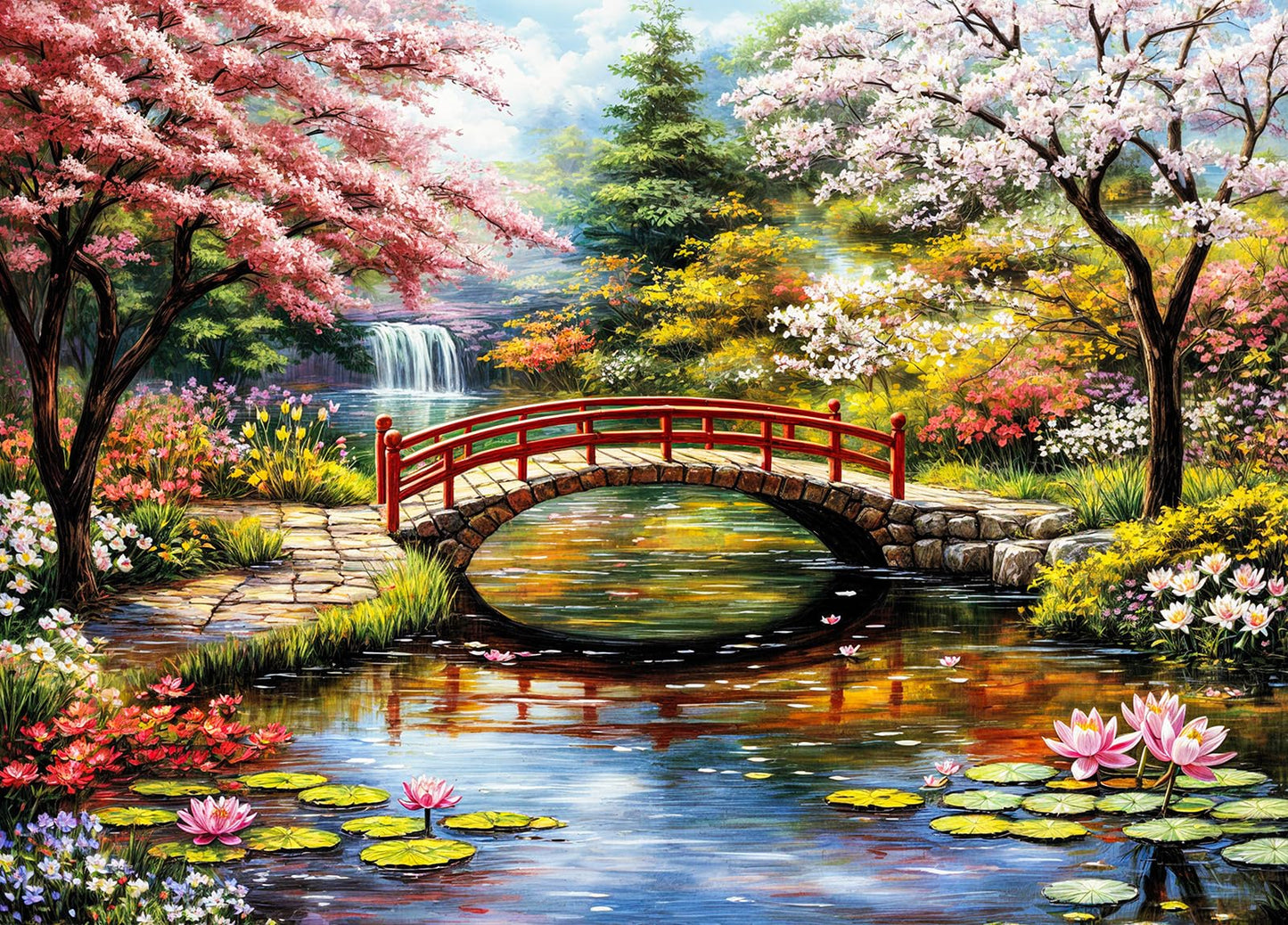 DKijoys Japanese Garden 1000-Piece Puzzle for Adults – Cherry Trees & Water Lilies