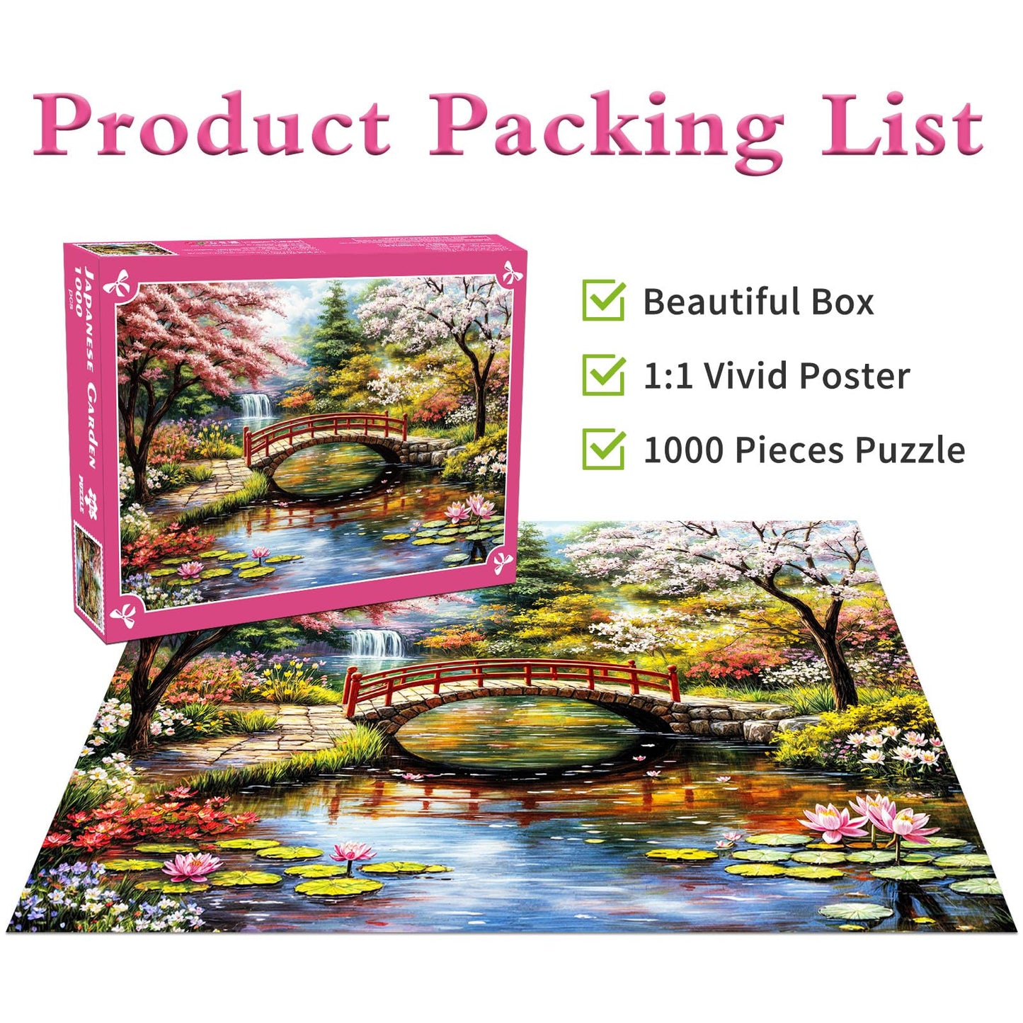 DKijoys Japanese Garden 1000-Piece Puzzle for Adults – Cherry Trees & Water Lilies