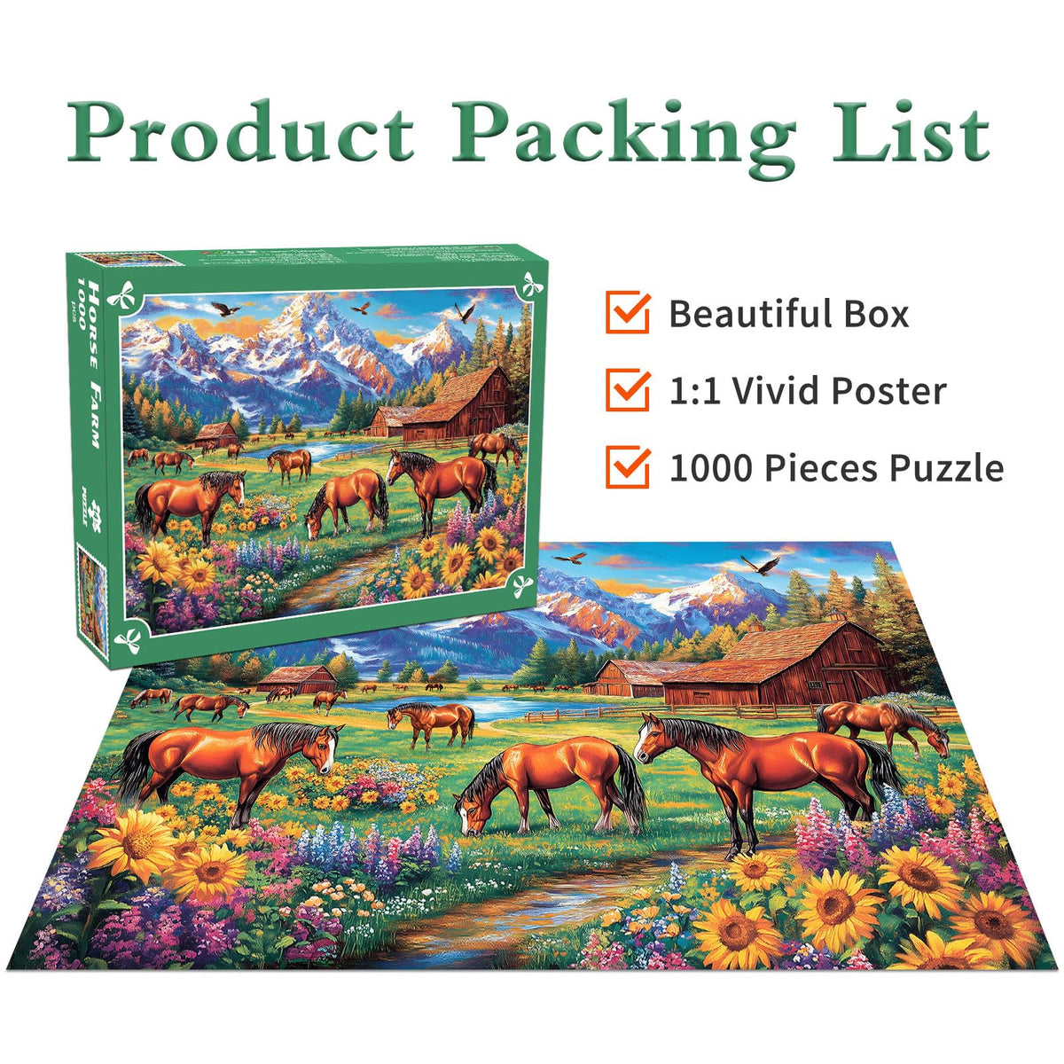 DKijoys Horse Ranch 1000-Piece Jigsaw Puzzle for Adults – Meadow with Horses