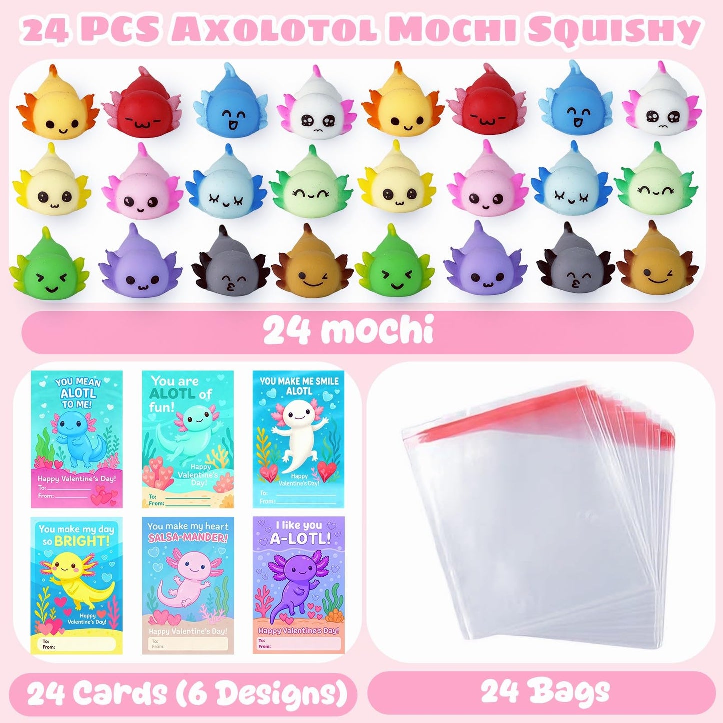 DKJOAZ 24-Pack Valentines Day Axolotl Mochi Squishy — Non-Candy School Gifts & Party Favors