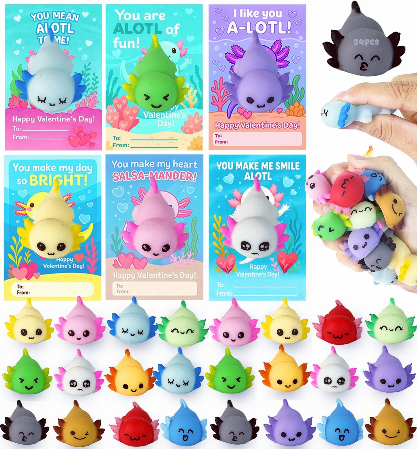 DKJOAZ 24-Pack Valentines Day Axolotl Mochi Squishy — Non-Candy School Gifts & Party Favors