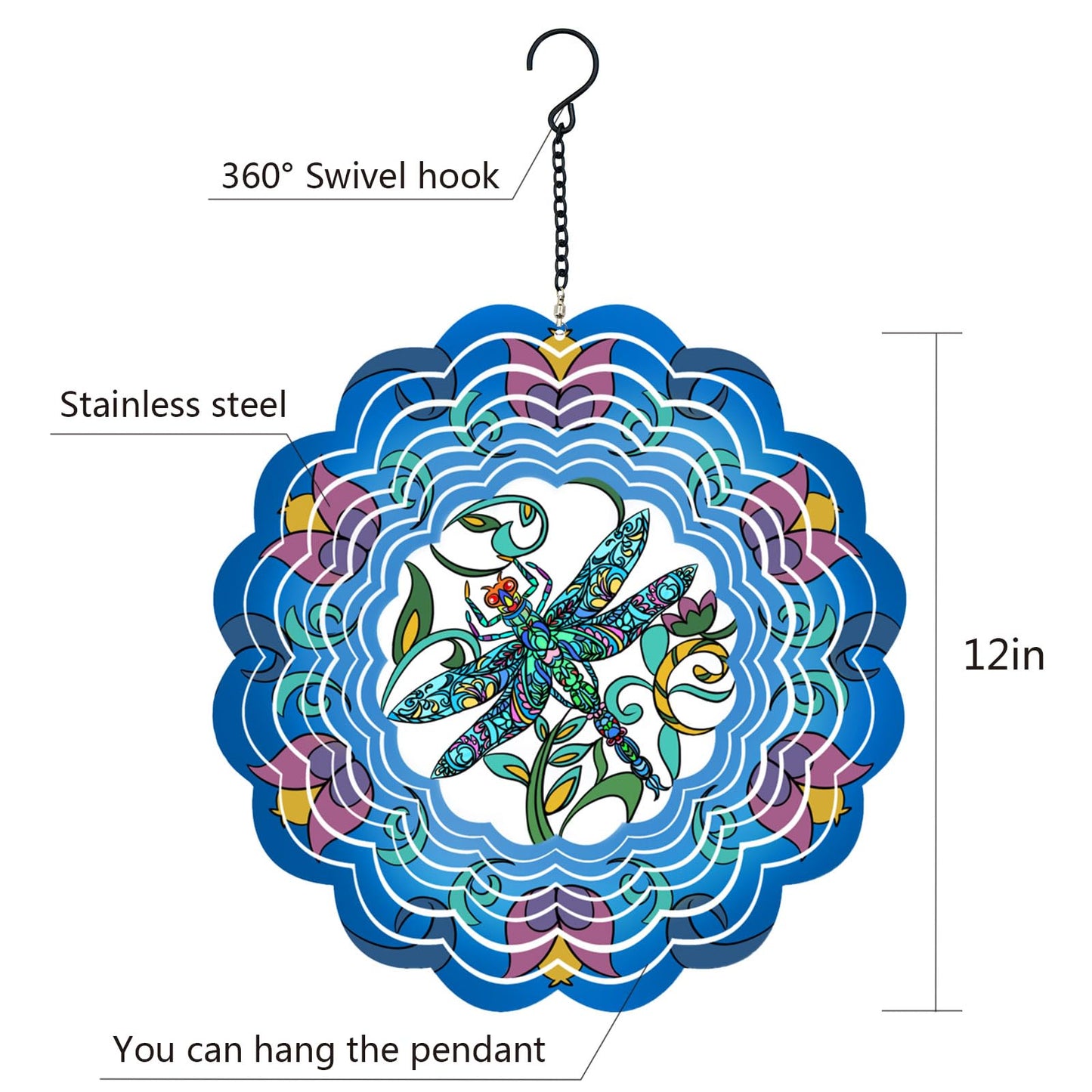 DKJOCKY Dragonfly Metal Wind Spinner – 12-Inch Outdoor Garden Decor & Hanging Ornament