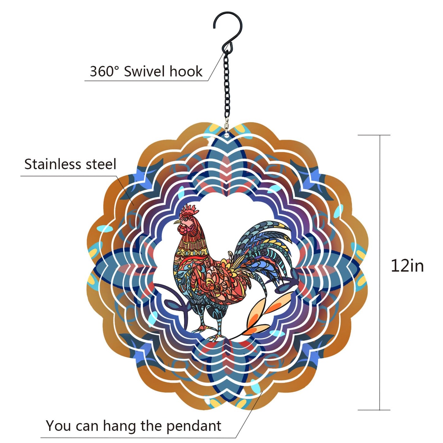 DKJOCKY Rooster Wind Spinner – 12-Inch Metal Garden Decor for Outdoor & Indoor Use