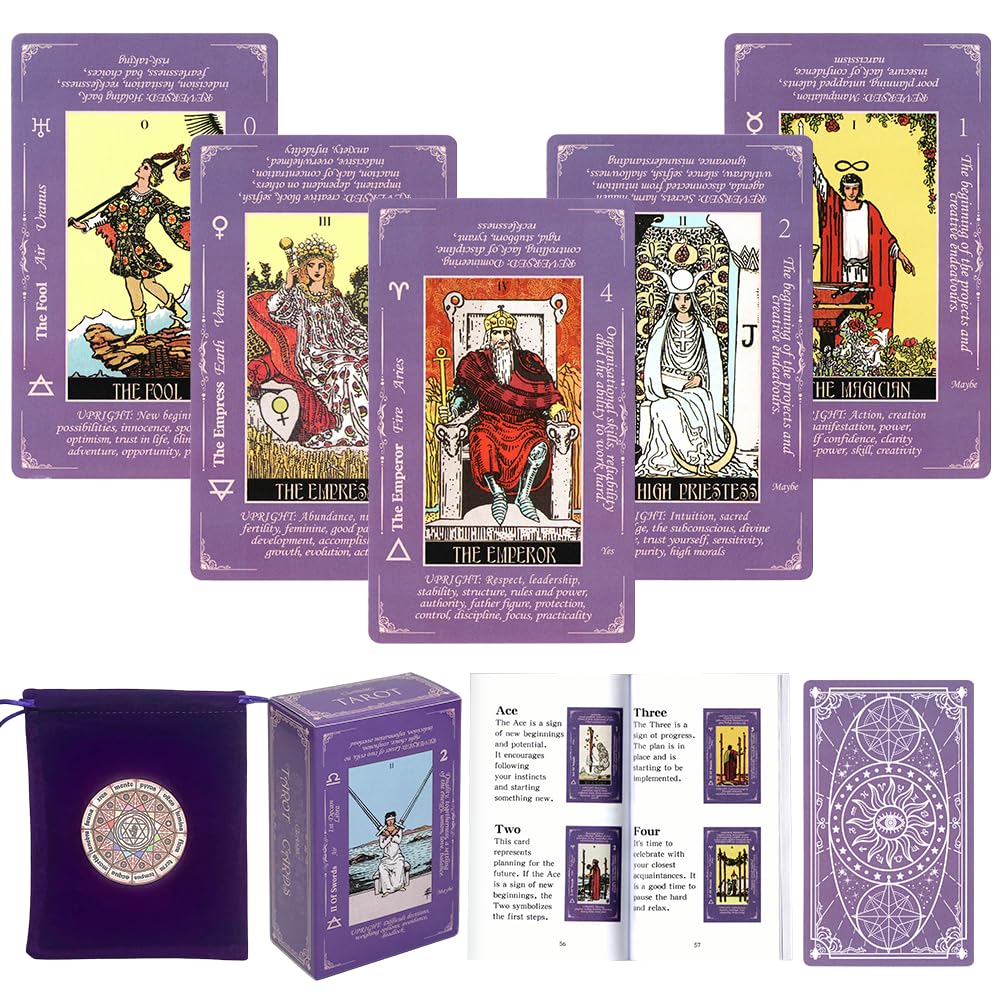 DLAGOMLIFE Tarot Cards with Guide Book & Linen Carry Bag — 78-Card Deck for Beginners to Experts (Purple)