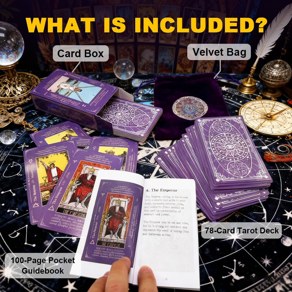 DLAGOMLIFE Tarot Cards with Guide Book & Linen Carry Bag — 78-Card Deck for Beginners to Experts (Purple)
