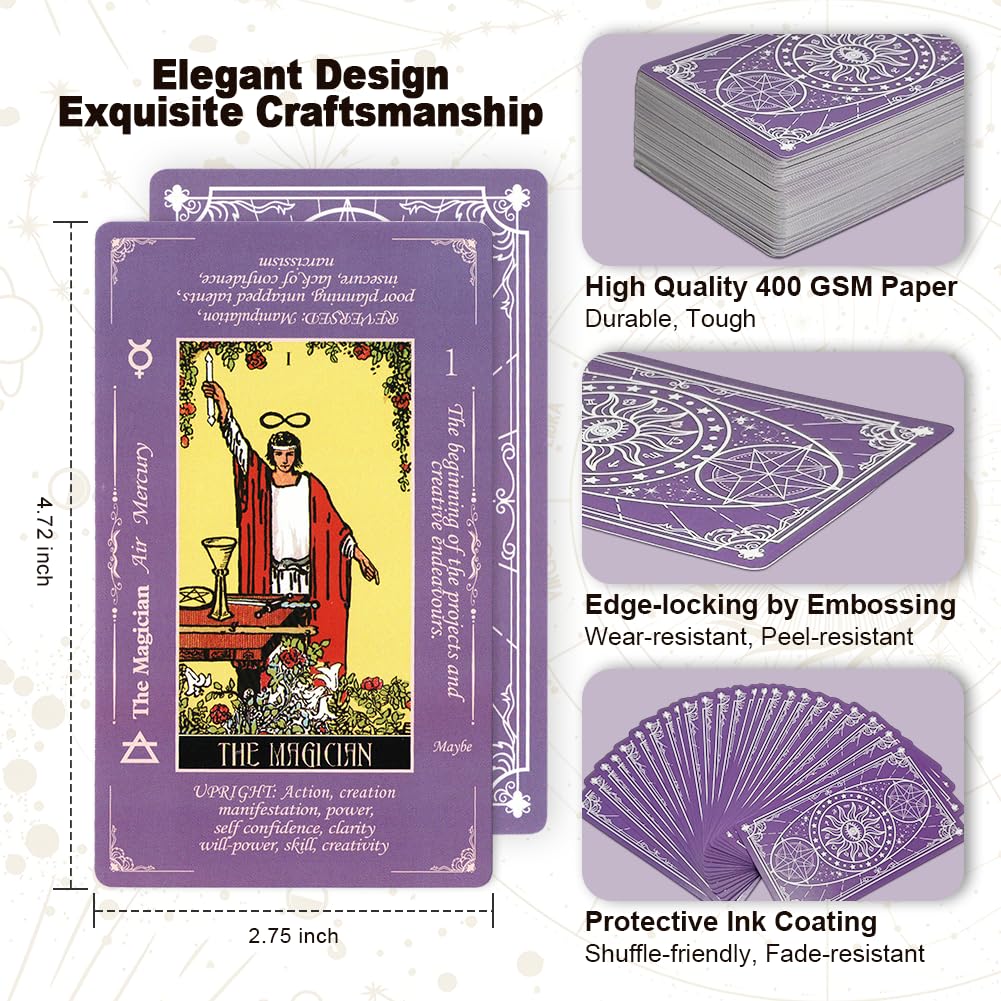 DLAGOMLIFE Tarot Cards with Guide Book & Linen Carry Bag — 78-Card Deck for Beginners to Experts (Purple)