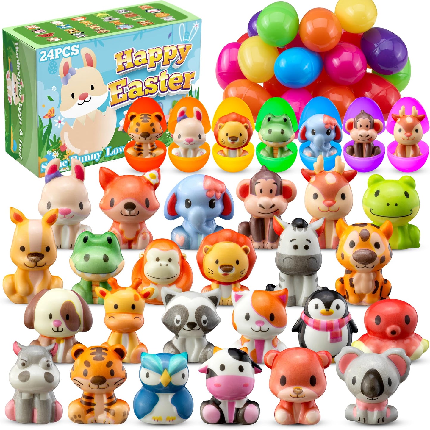 DMIGHT 24 Pack Filled Easter Eggs – Prefilled Squishy Animal Toys for Kids