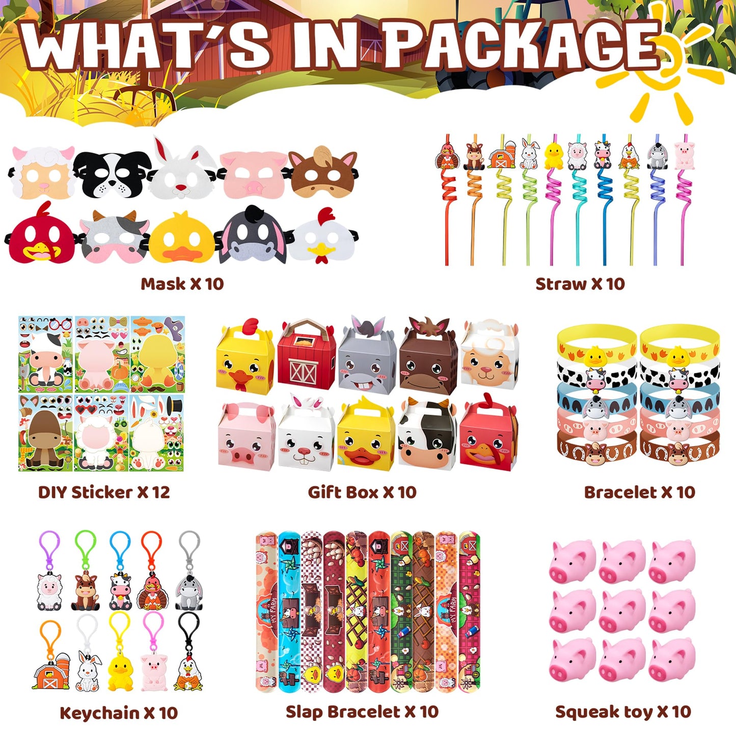 DMIGHT Farm Animals Birthday Party Favors Set — 82 Pcs Barnyard Masks & Accessories