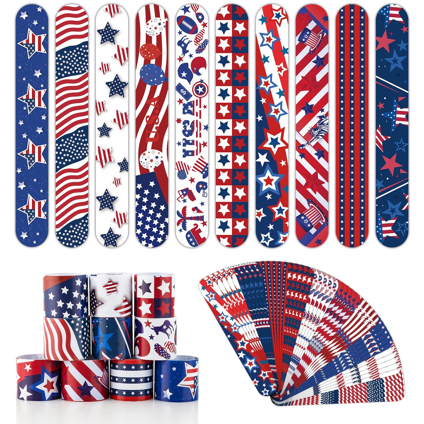 Dminya 50 Pcs Fourth of July Slap Bracelets – Patriotic Party Favors & Classroom Prizes