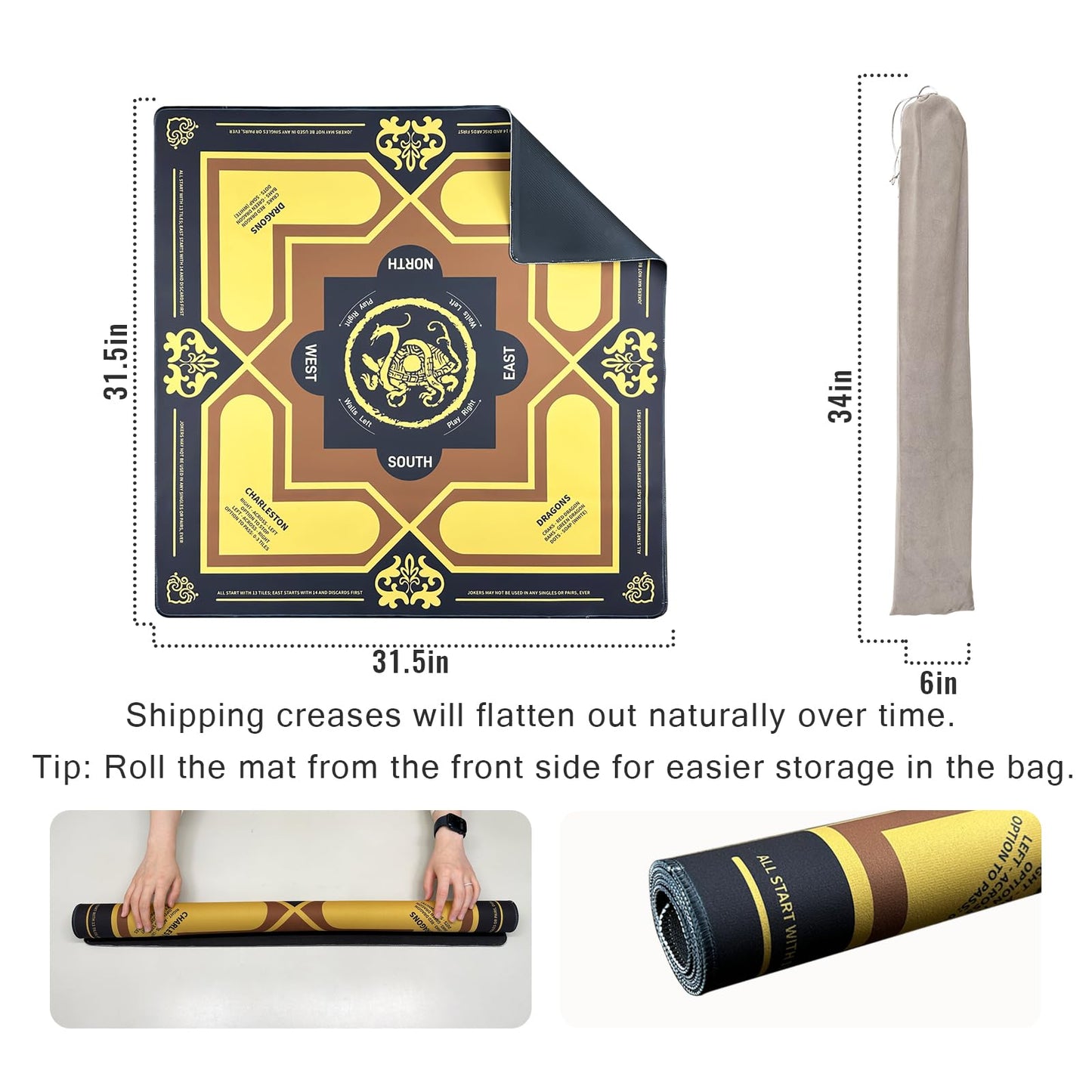 DMJHJY Mahjong Mat with Rules 31x31 – Non-Slip, Quiet Play, Eco-Friendly Backing
