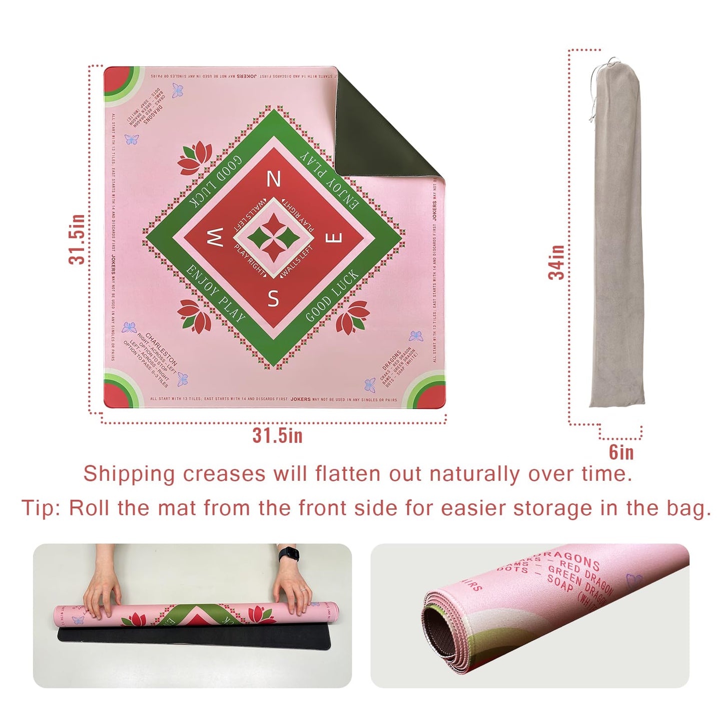 DMJHJY Mahjong Learning Mat 31x31 – Anti-Slip, Rule Reminders & Carry Bag