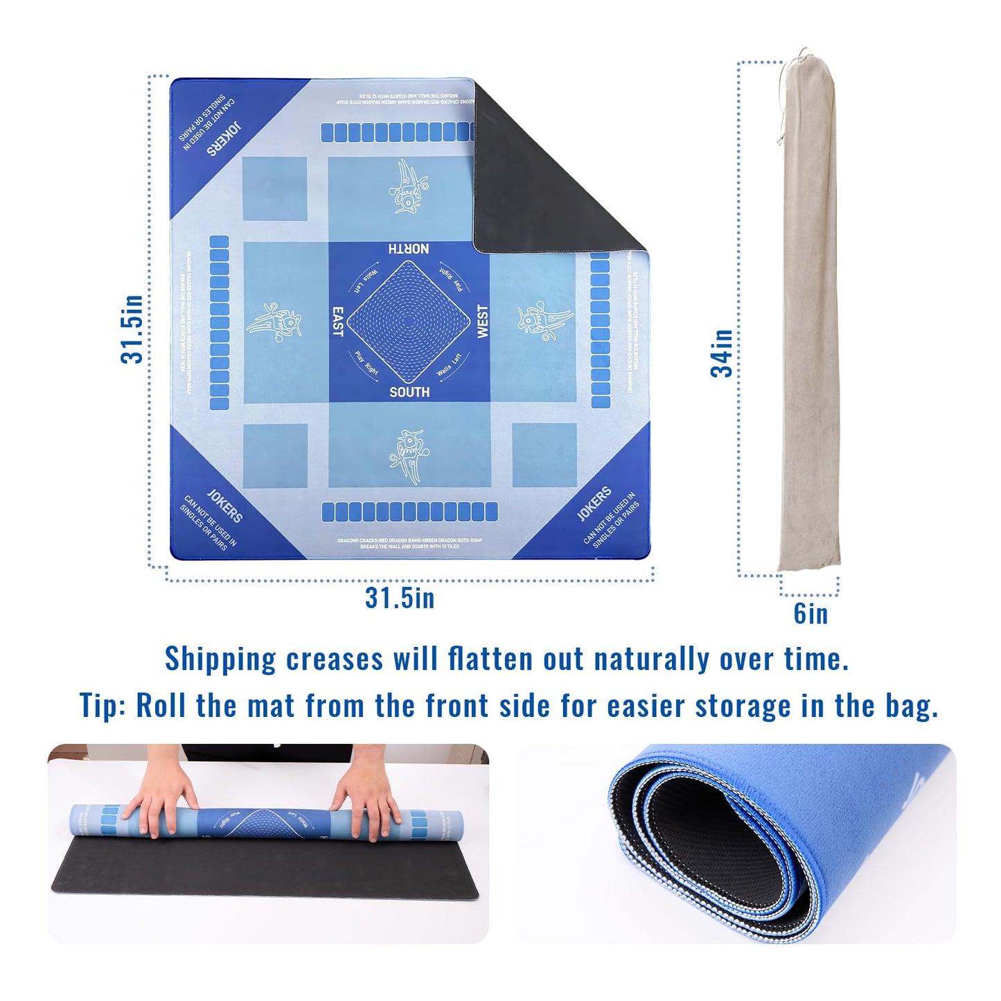 DMJHJY Mahjong Mat 31x31 Inch – Non-Slip, Quiet Play Surface with Bag (Blue)