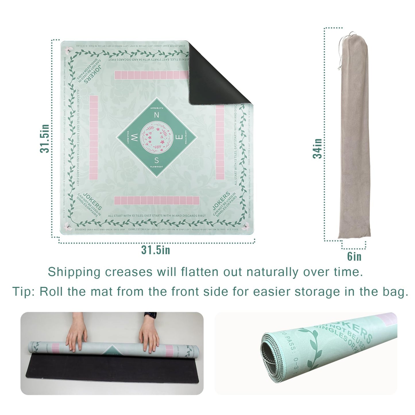 DMJHJY Mahjong Mat 31x31 Inch – Non-Slip, Waterproof Table Surface with Carry Bag (Light Green)